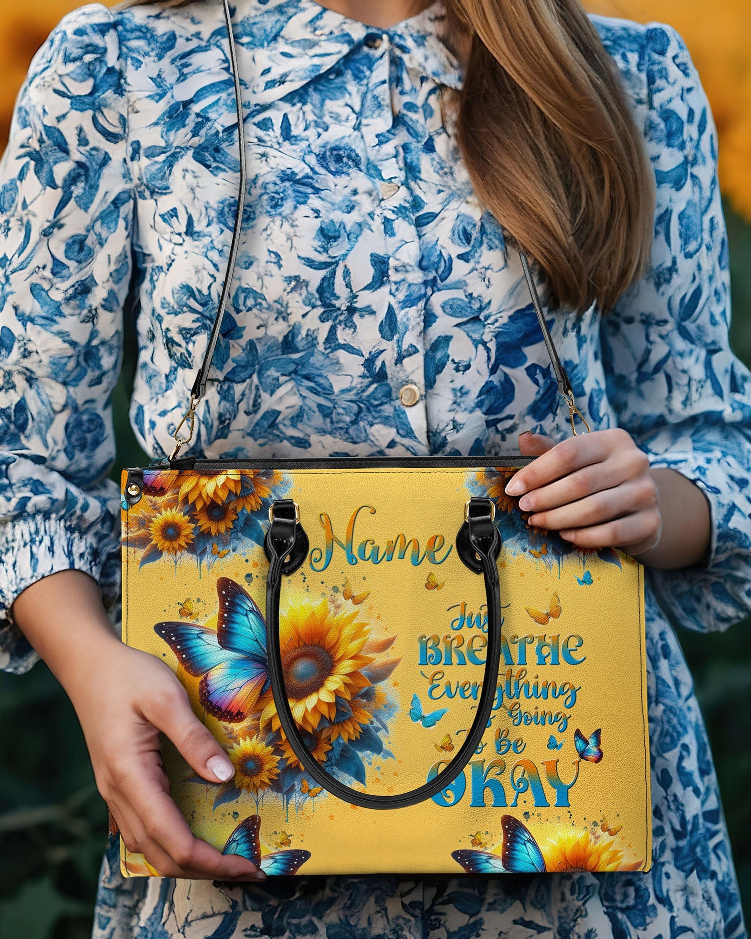 Custom Name Just Breathe Yellow Sunflower Butterfly Personalized Leather Bag _9_ wl1eX