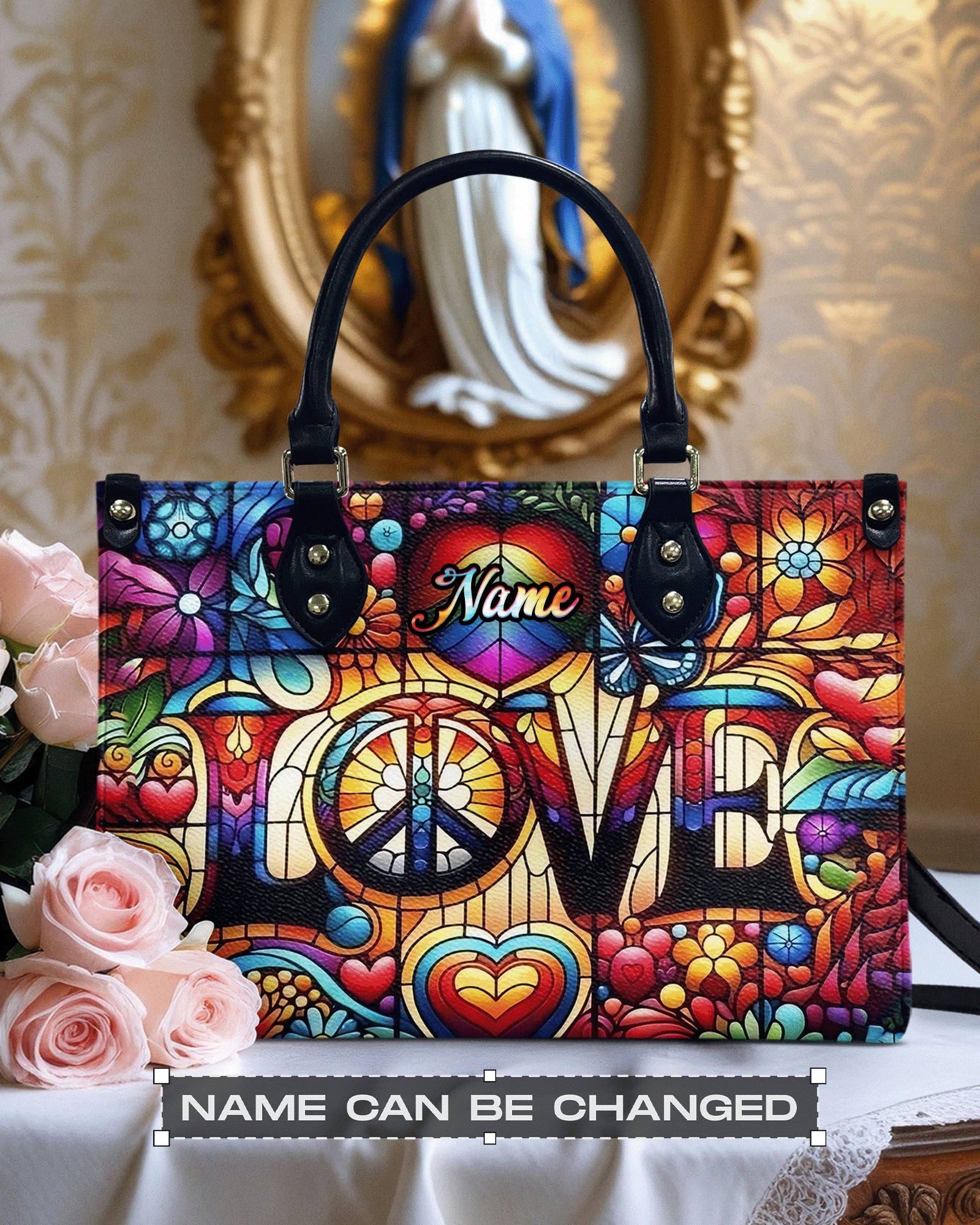 Custom Name Love Hippie Colorful Peace Sign and Hearts Personalized Leather Bag _14_ 9SUla