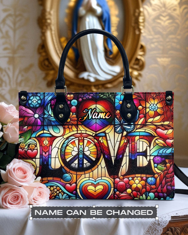 Custom Name Love Hippie - Colorful Peace Sign and Hearts - Personalized Leather Bag