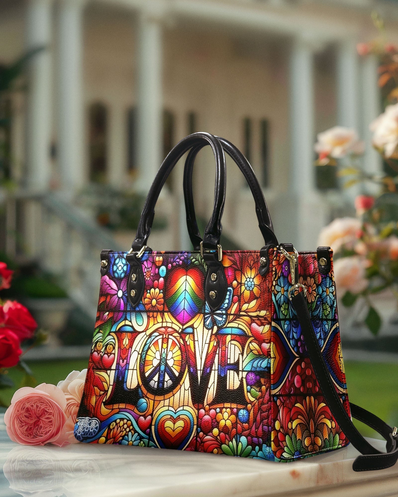Custom Name Love Hippie Colorful Peace Sign and Hearts Personalized Leather Bag _4_ Y1OHe
