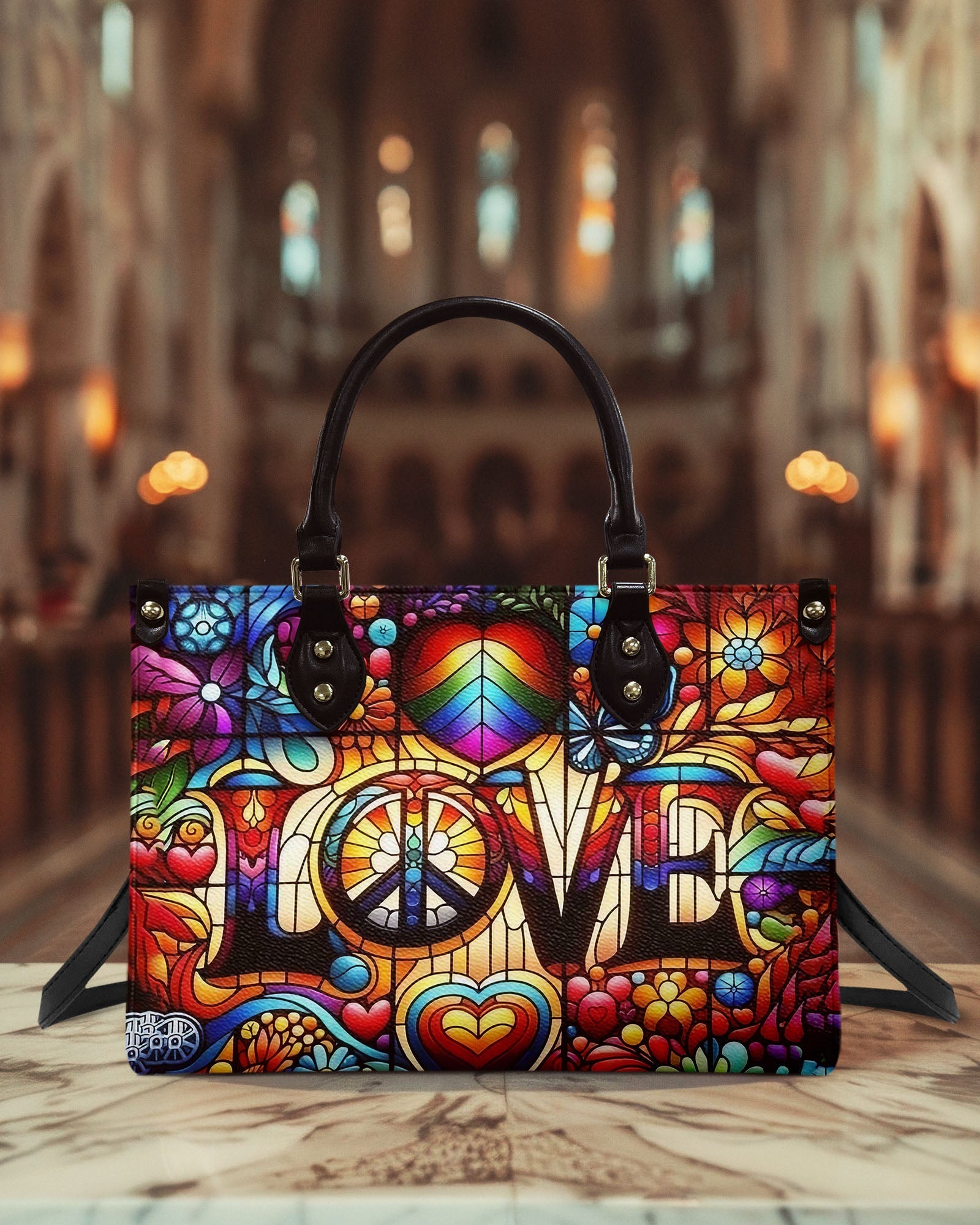 Custom Name Love Hippie Colorful Peace Sign and Hearts Personalized Leather Bag _5_ hNGnV