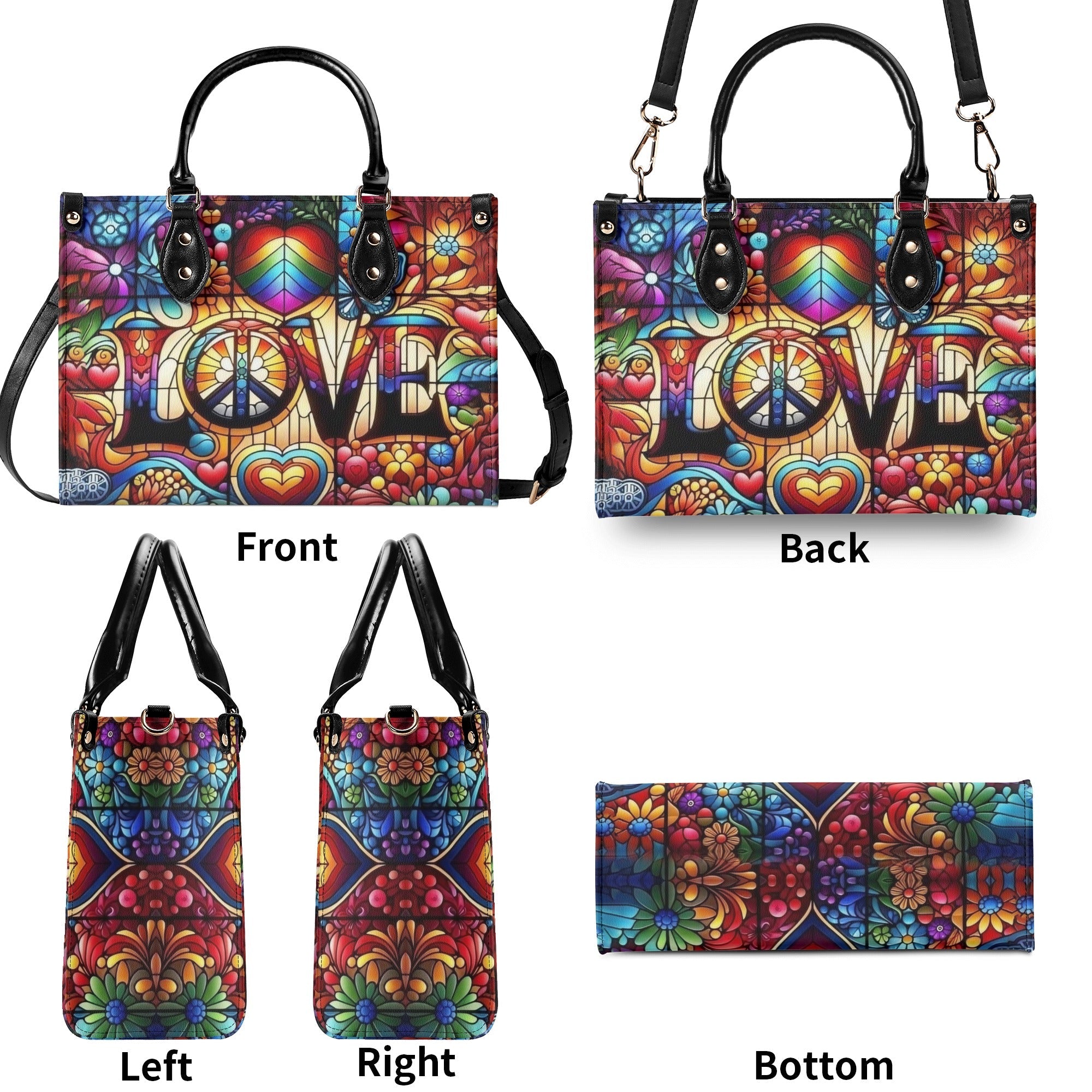 Custom Name Love Hippie Colorful Peace Sign and Hearts Personalized Leather Bag _6_ sqTNR