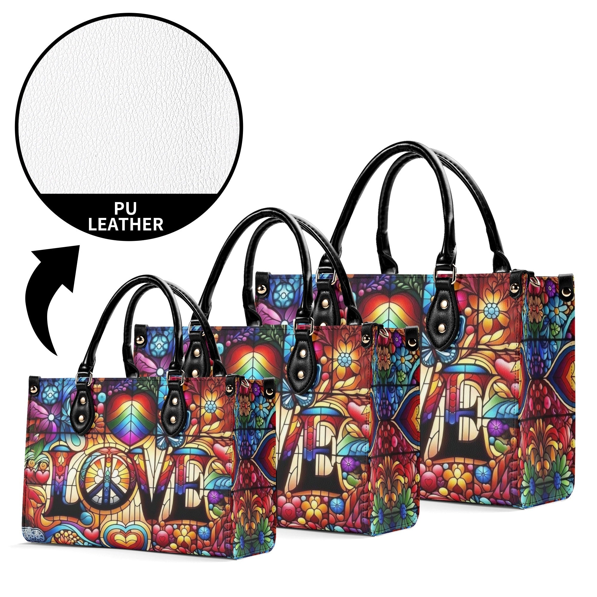 Custom Name Love Hippie Colorful Peace Sign and Hearts Personalized Leather Bag _8_ ISTsI