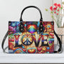 Custom Name Love Hippie Colorful Peace Sign and Hearts Personalized Leather Bag _9_ QJTPA