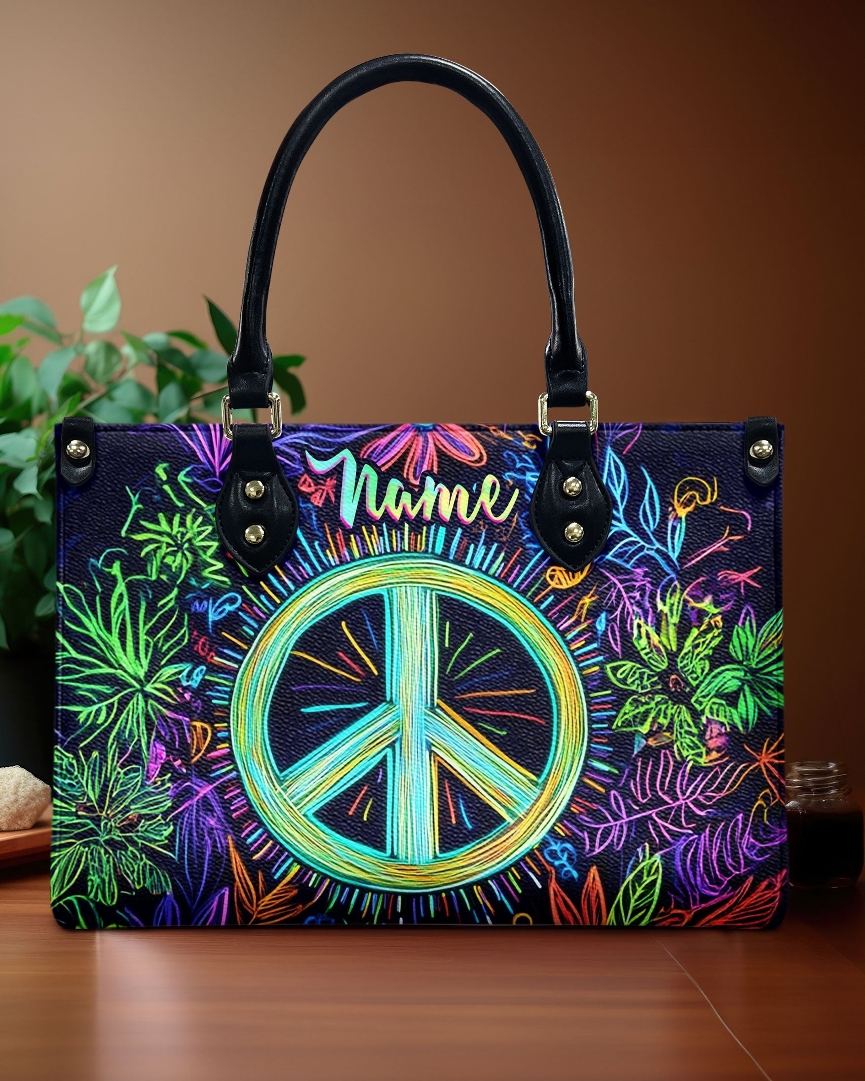 Custom Name Neon Peace Sign Personalized Hippie Leather Bag _1_ B5veO