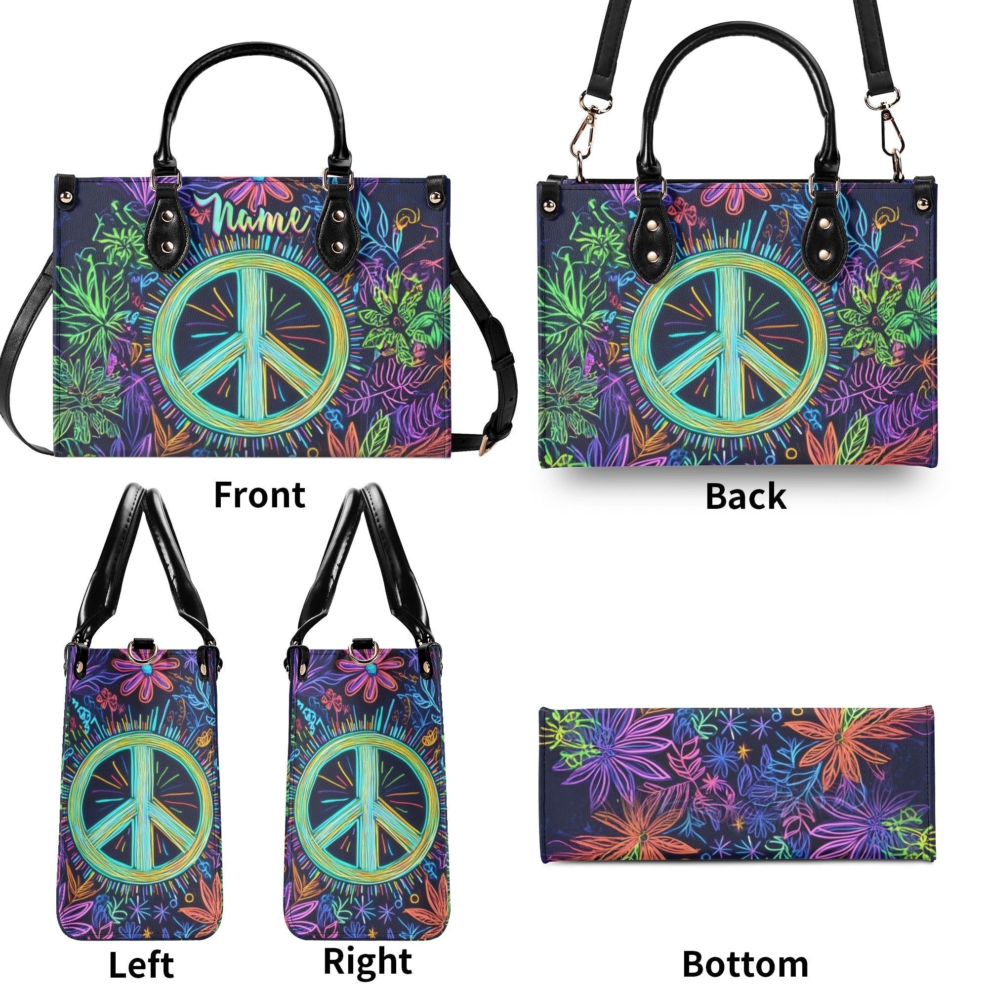 Custom Name Neon Peace Sign Personalized Hippie Leather Bag _4_ 4ymc4