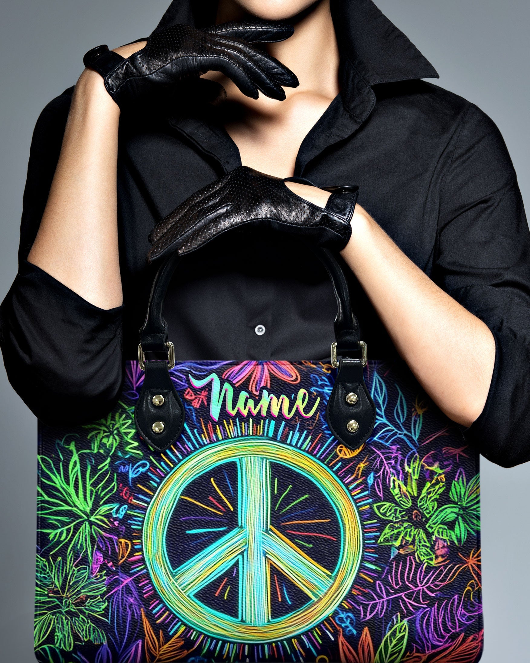 Custom Name Neon Peace Sign Personalized Hippie Leather Bag _5_ fOAQJ