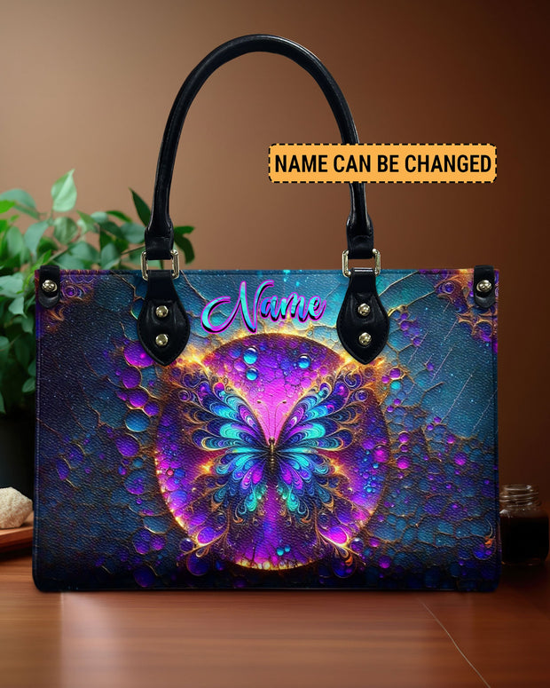 Custom Name Neon  Psychedelic Butterfly - Personalized Leather Bag - Gift for Women