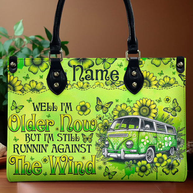 Custom Name Older Now but Still Running Against the Wind - Green Hippie Van - Personalized Leather Bag