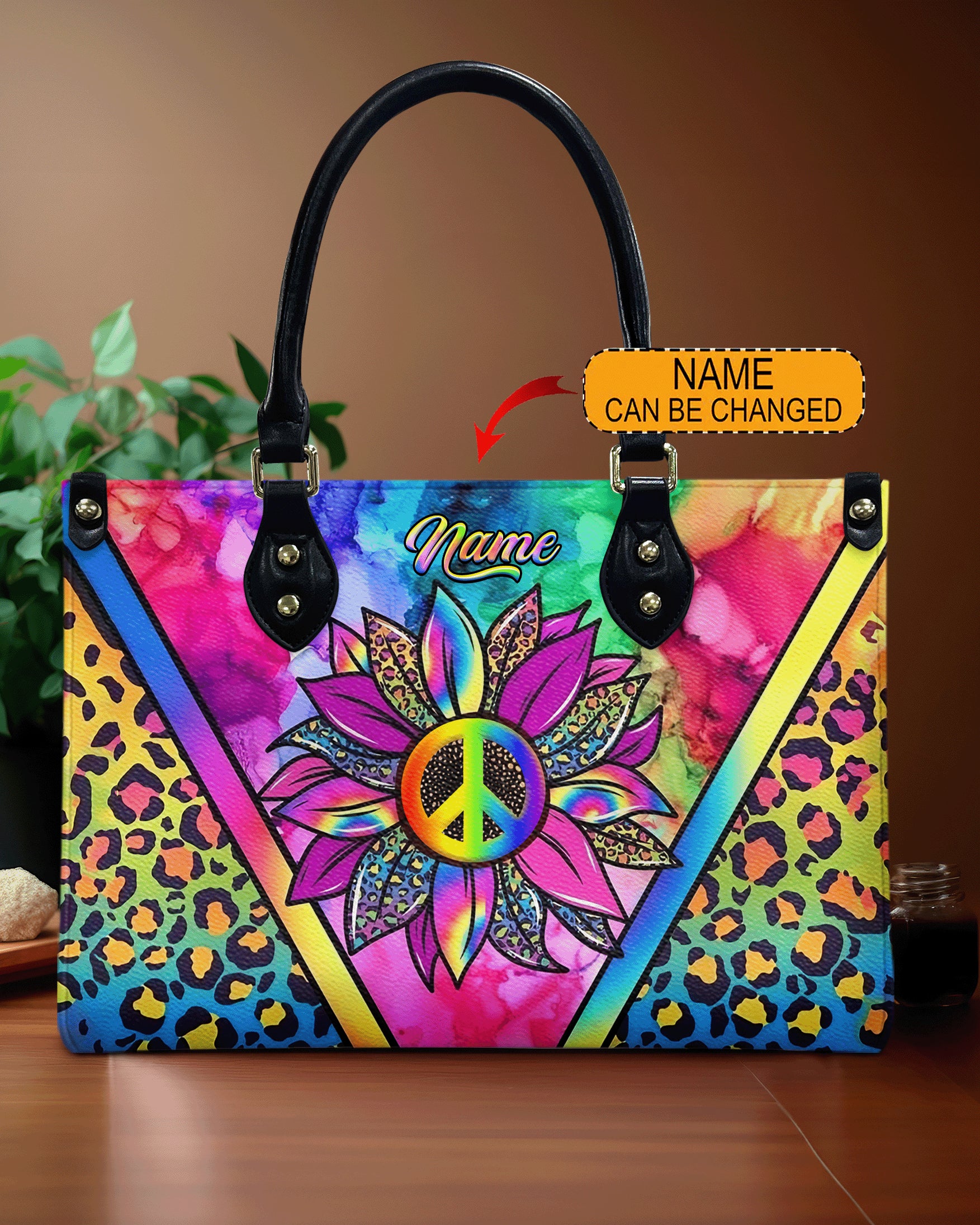 Custom Name Peace Flower Purse Tie Dye Colorful Leopard Hippie Leather Bag _2_ RdrFJ