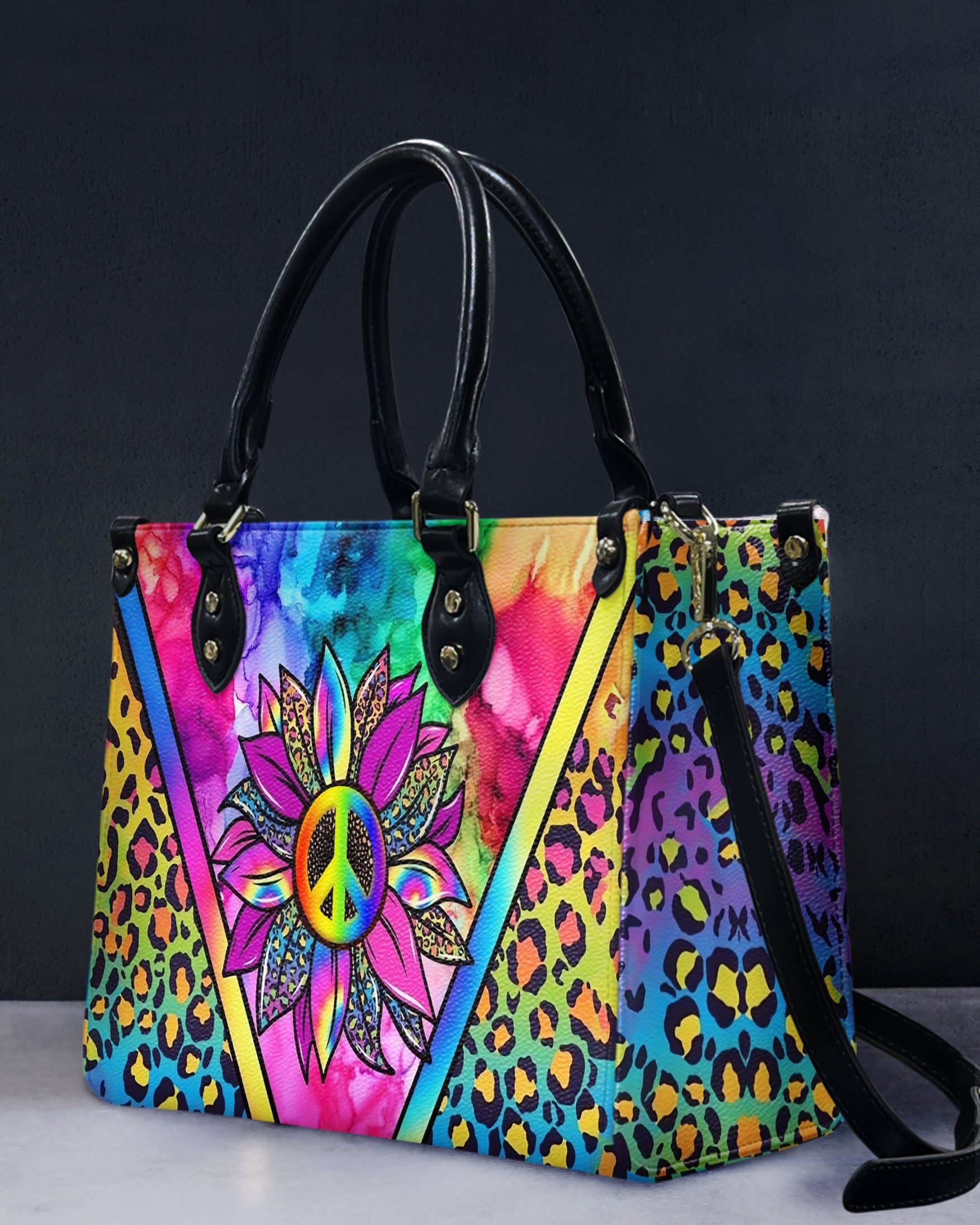 Custom Name Peace Flower Purse Tie Dye Colorful Leopard Hippie Leather Bag _4_ LNkPA