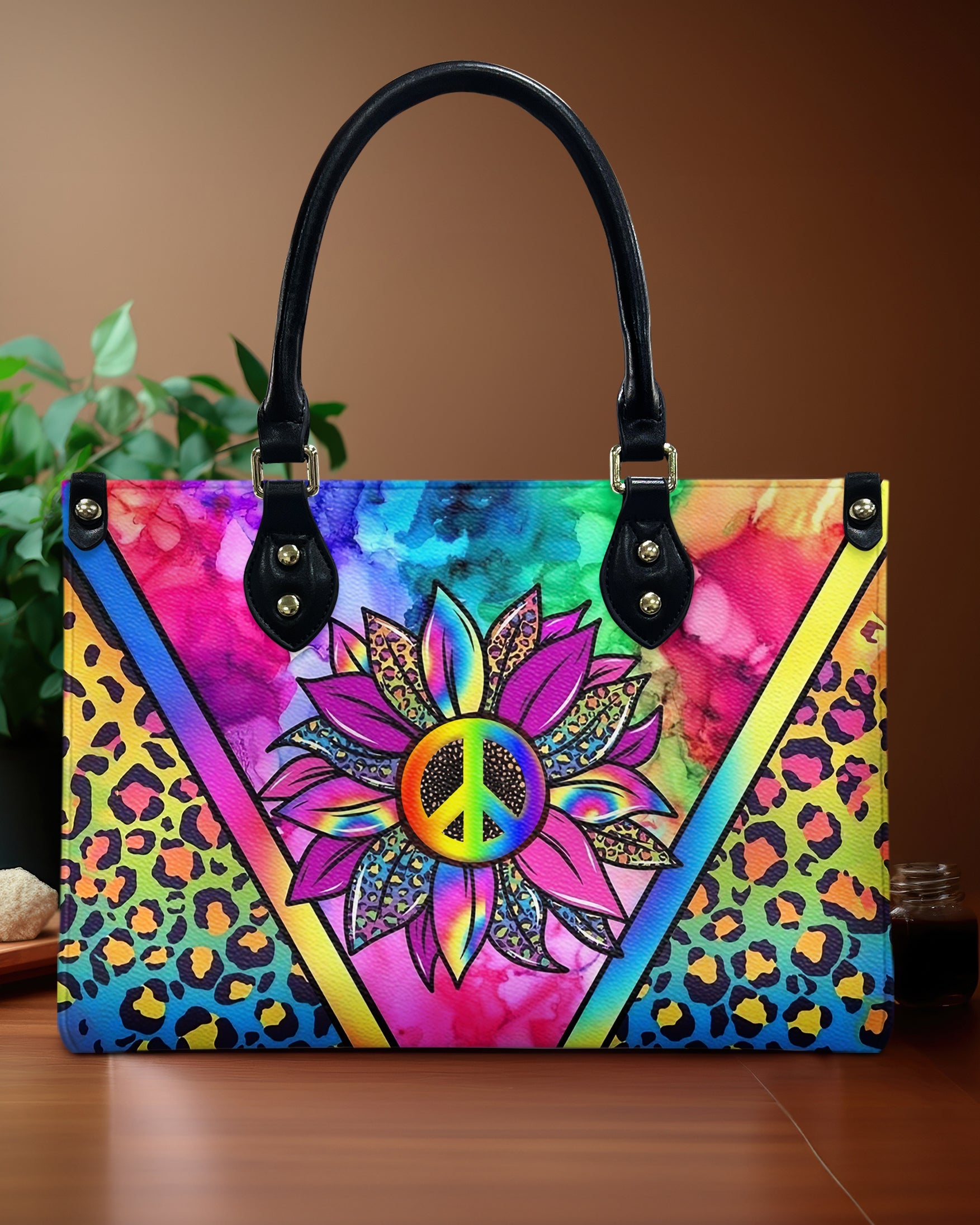 Custom Name Peace Flower Purse Tie Dye Colorful Leopard Hippie Leather Bag _5_ 49v44