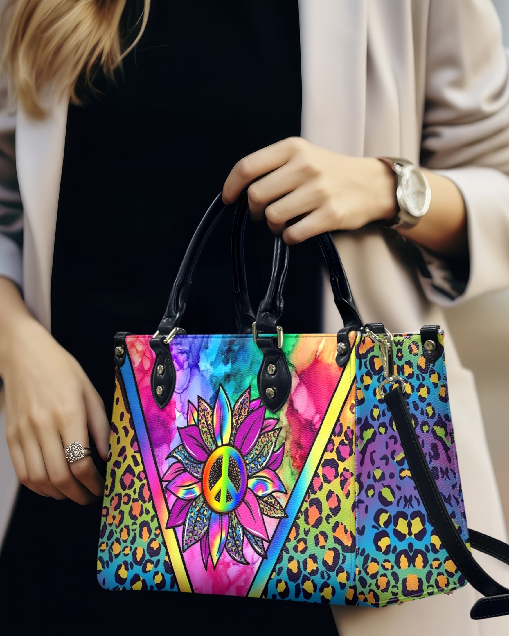 Custom Name Peace Flower Purse Tie Dye Colorful Leopard Hippie Leather Bag _6_ 3Nedo
