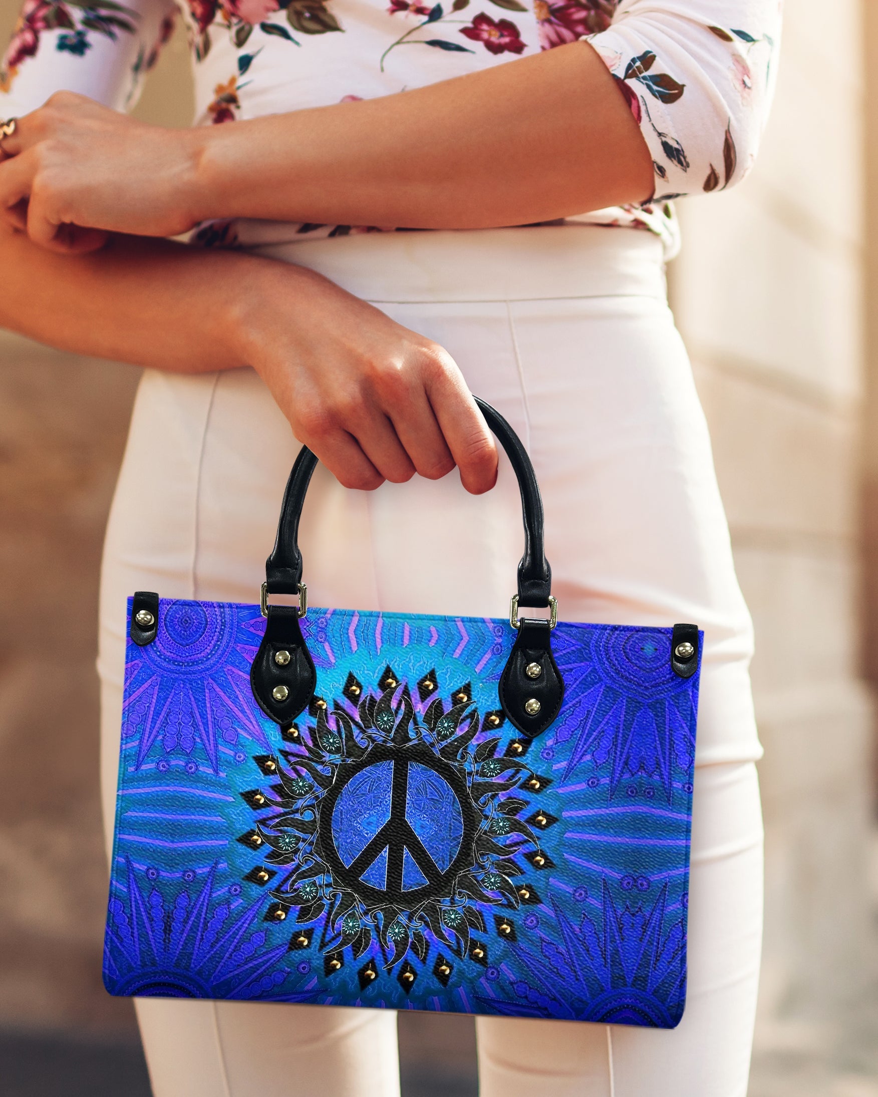Custom Name Peace Sign Mandala Blue Psychedelic Hippie Leather Bag _10_ bO4zD