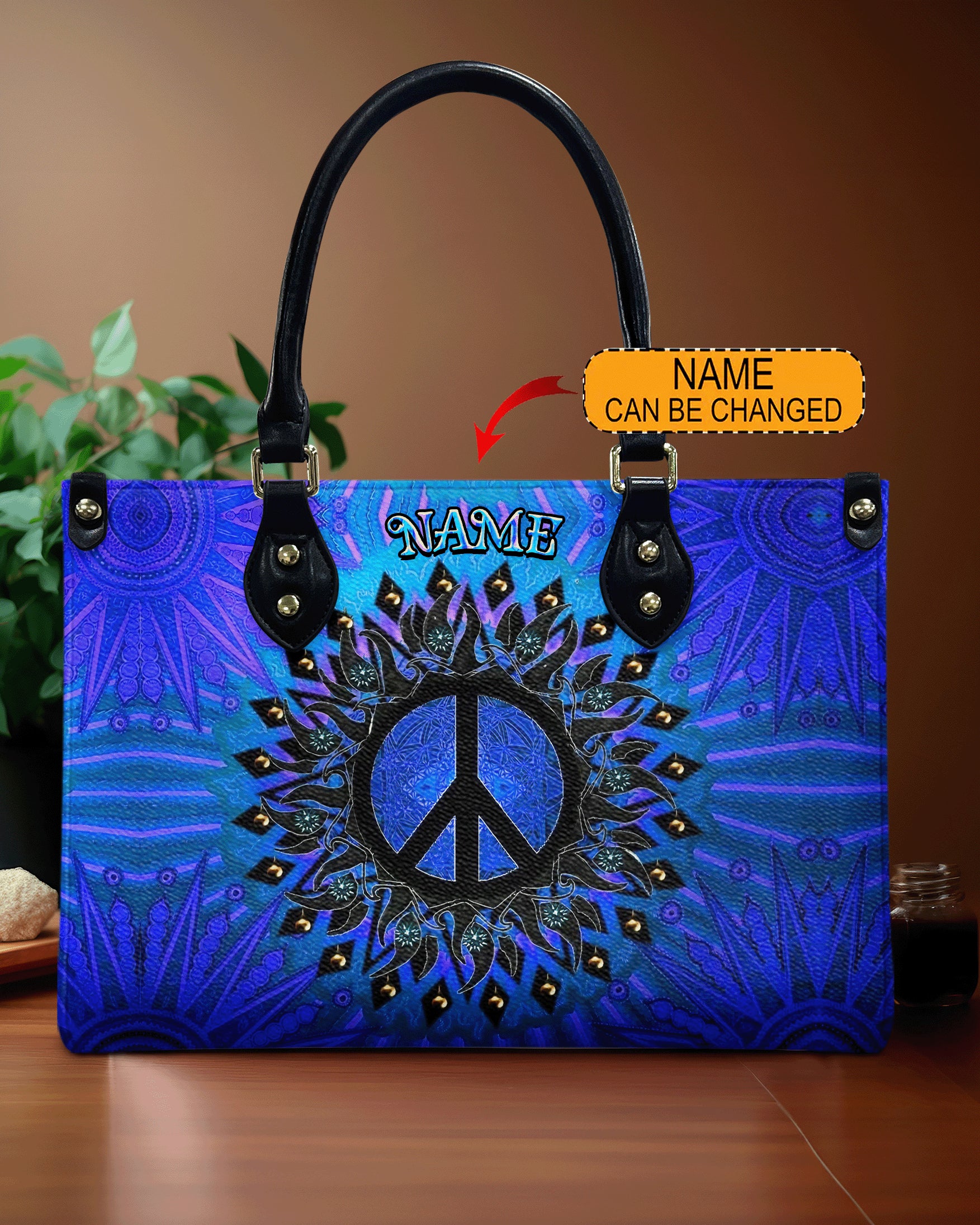 Custom Name Peace Sign Mandala Blue Psychedelic Hippie Leather Bag _11_ RyFtQ