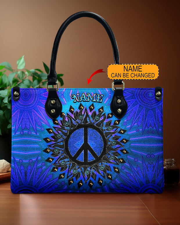 Custom Name Peace Sign Mandala - Blue Psychedelic Hippie - Personalized Leather Bag
