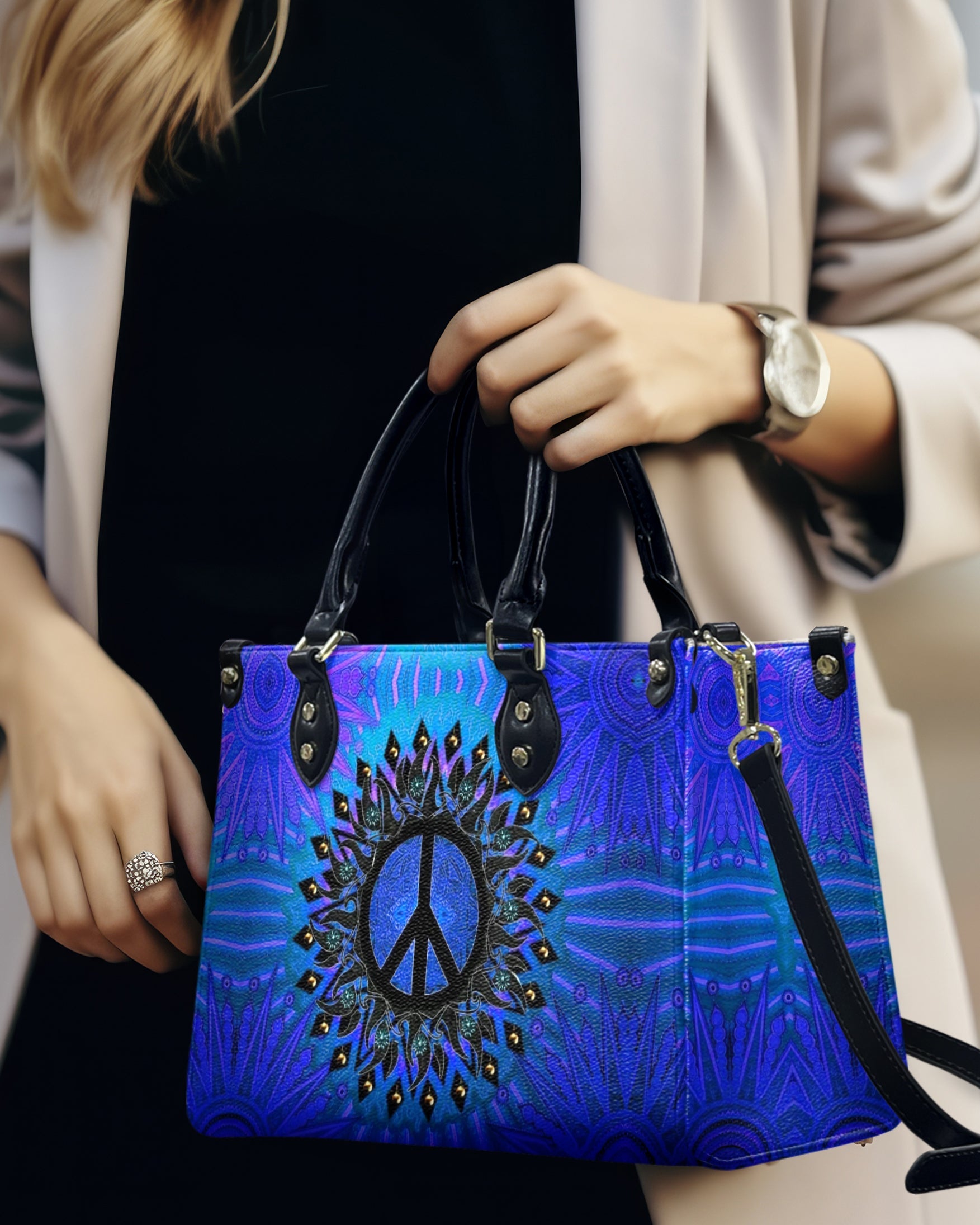 Custom Name Peace Sign Mandala Blue Psychedelic Hippie Leather Bag _3_ 55Nxz