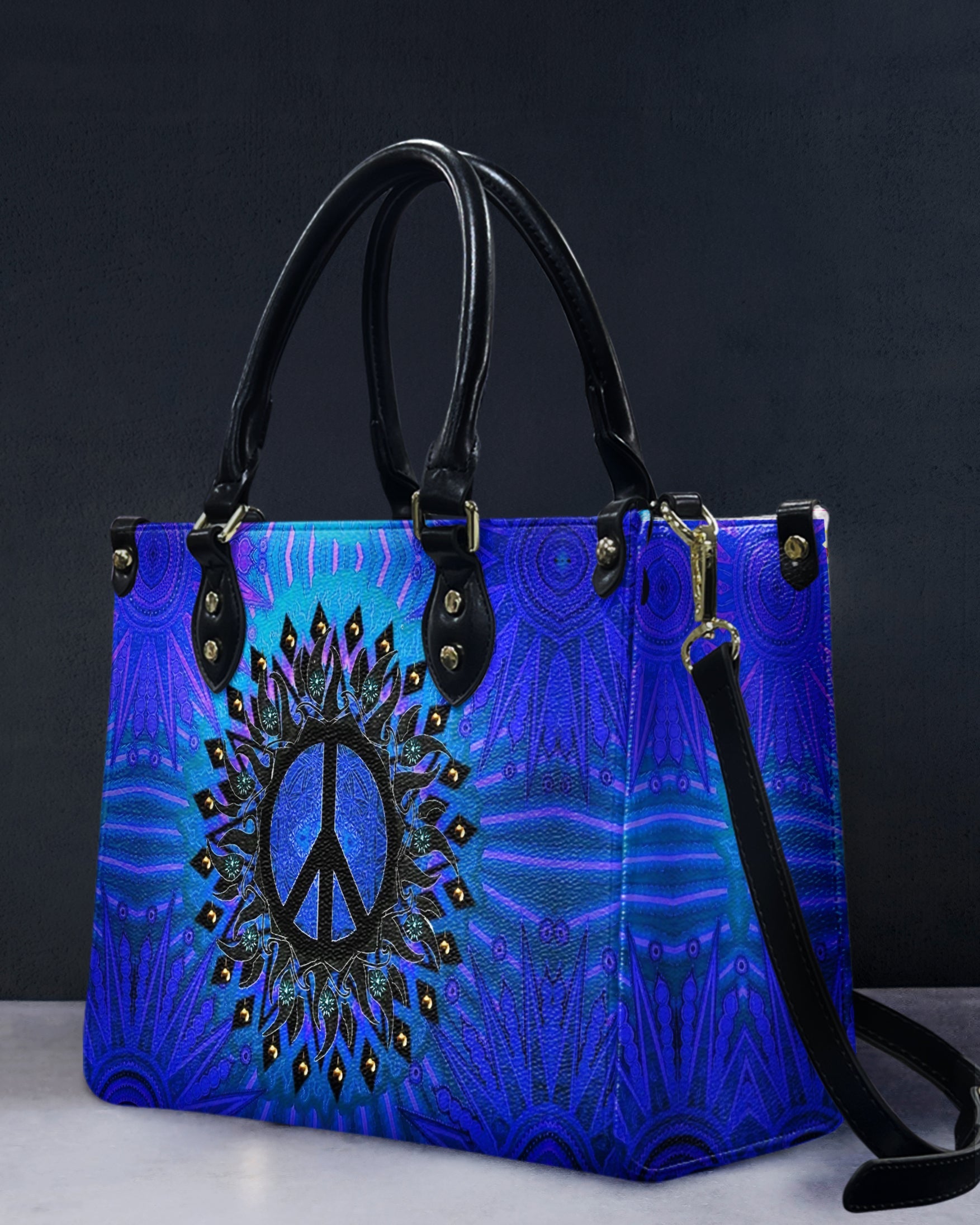 Custom Name Peace Sign Mandala Blue Psychedelic Hippie Leather Bag _4_ GIODi