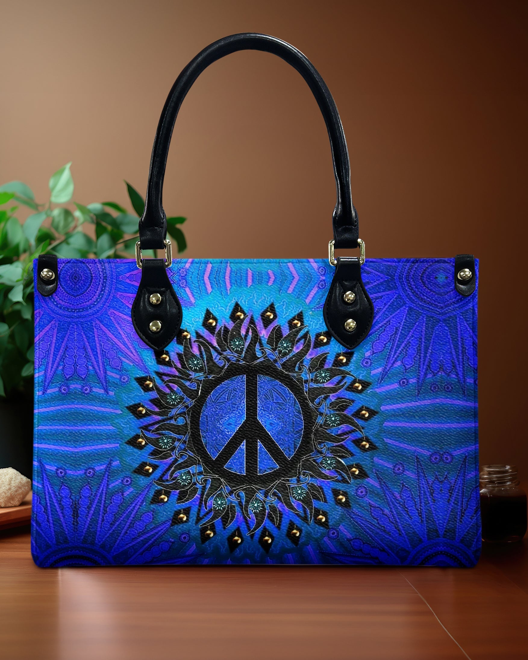 Custom Name Peace Sign Mandala Blue Psychedelic Hippie Leather Bag _5_ dDoPT