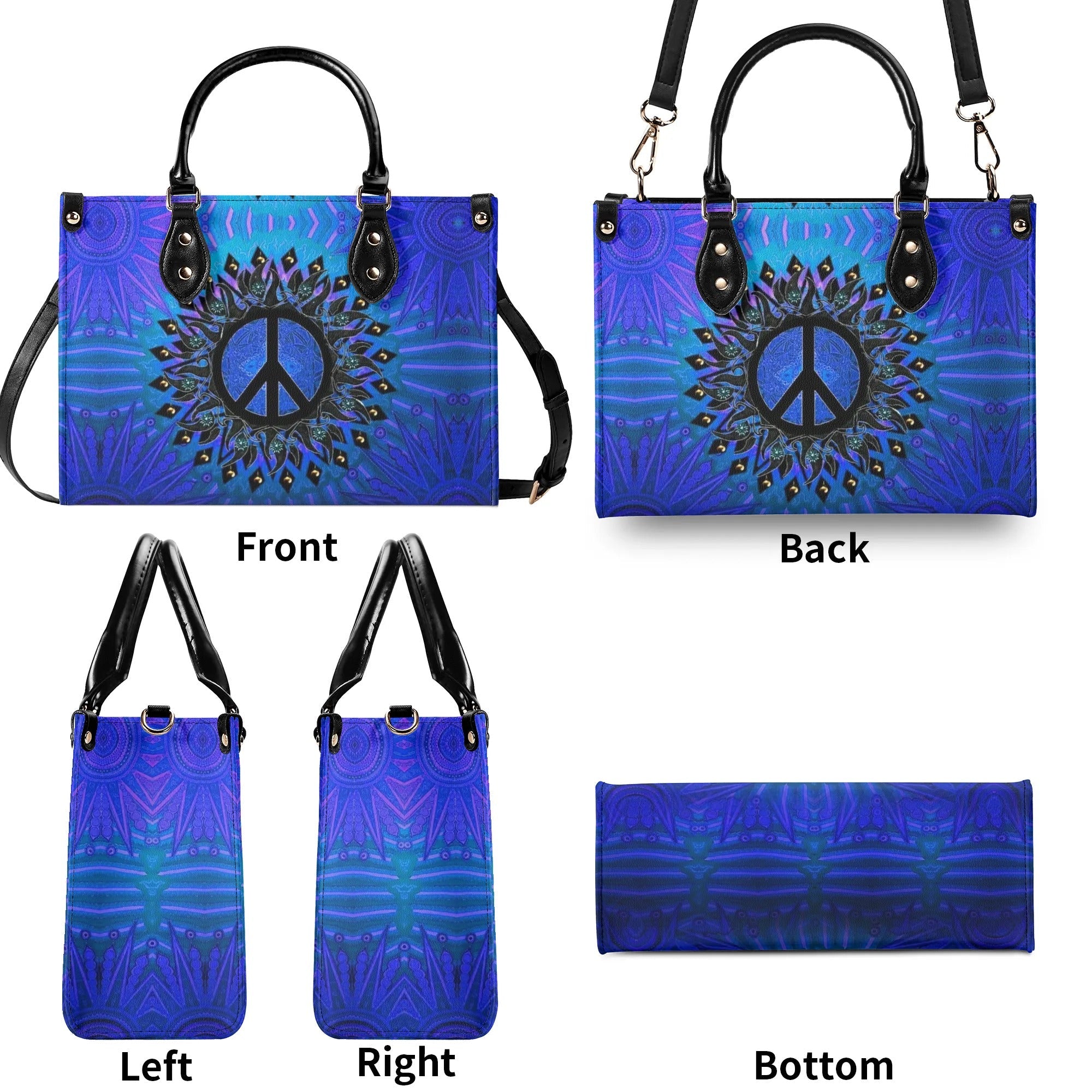 Custom Name Peace Sign Mandala Blue Psychedelic Hippie Leather Bag _9_ 7EYx2