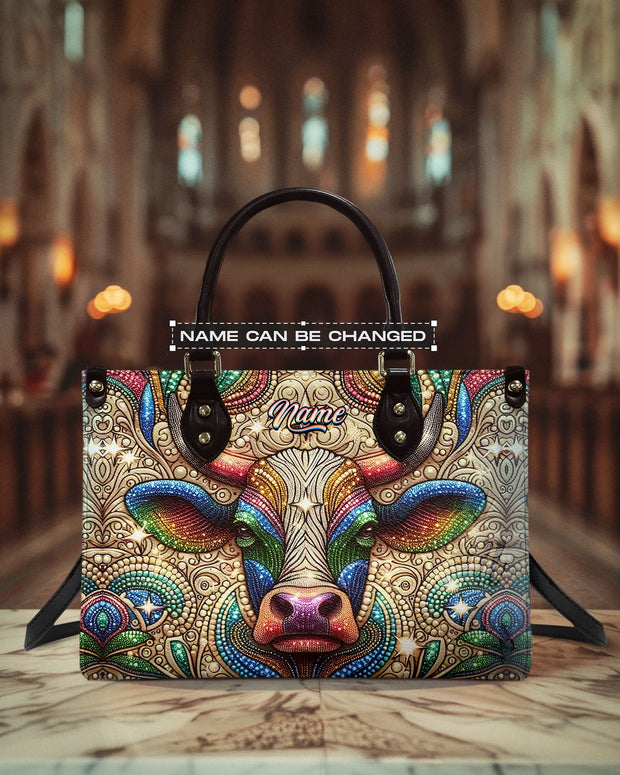 Custom Name Psychedelic Cow Mandala - Personalized Leather Bag - Gift for Women