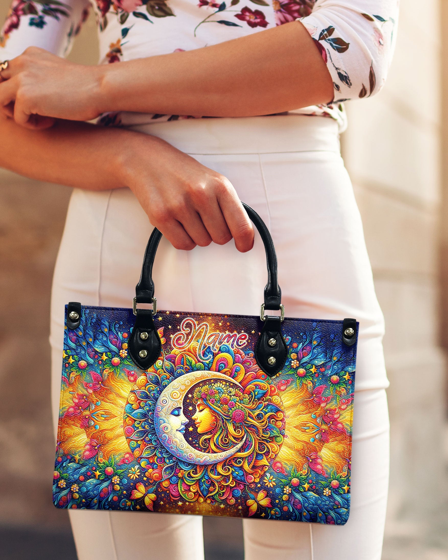Custom Name Sun and Moon Hippie Psychedelic Colorful Boho Style Leather Bag _1_ GaD9p