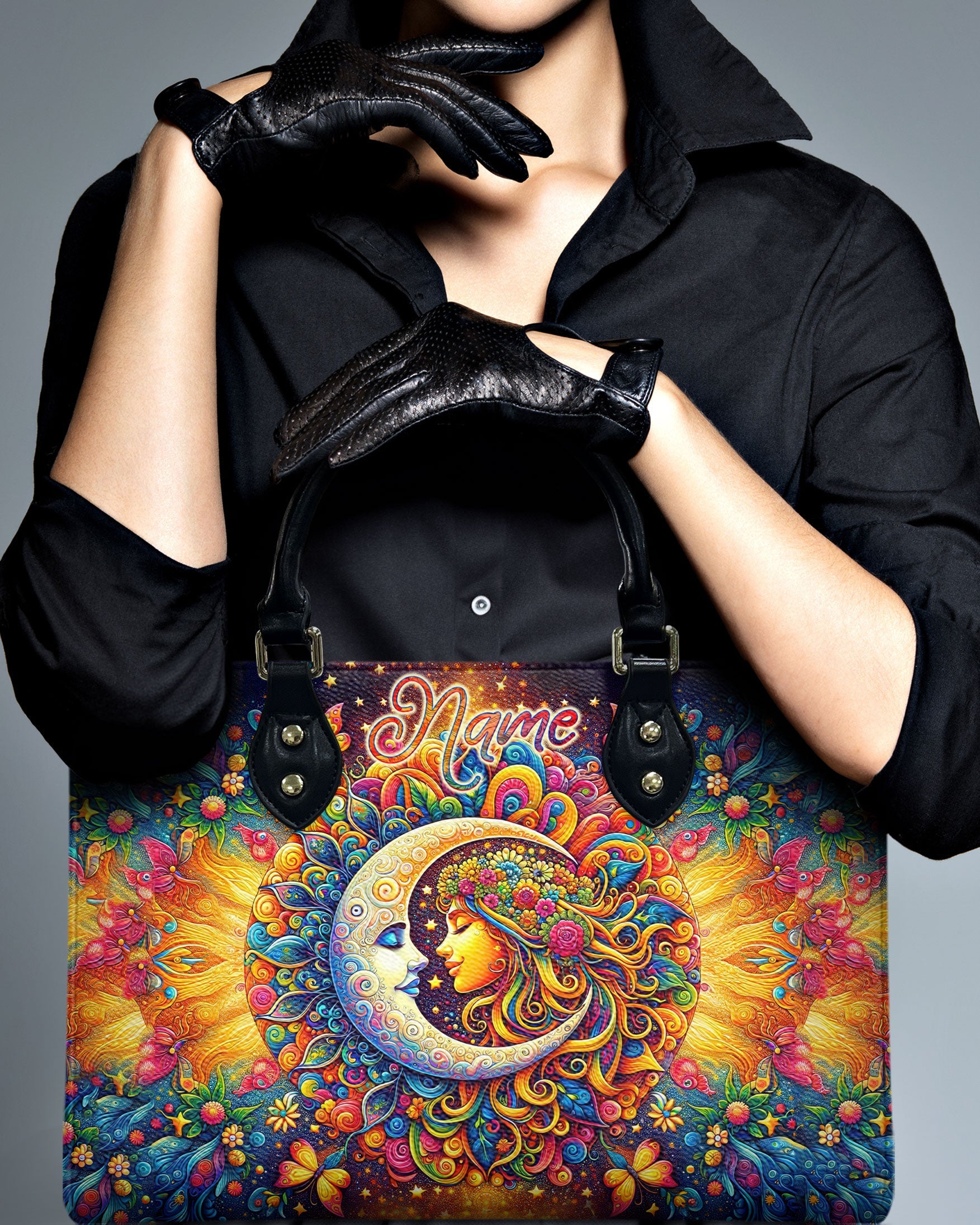 Custom Name Sun and Moon Hippie Psychedelic Colorful Boho Style Leather Bag _4_ C0hQ9