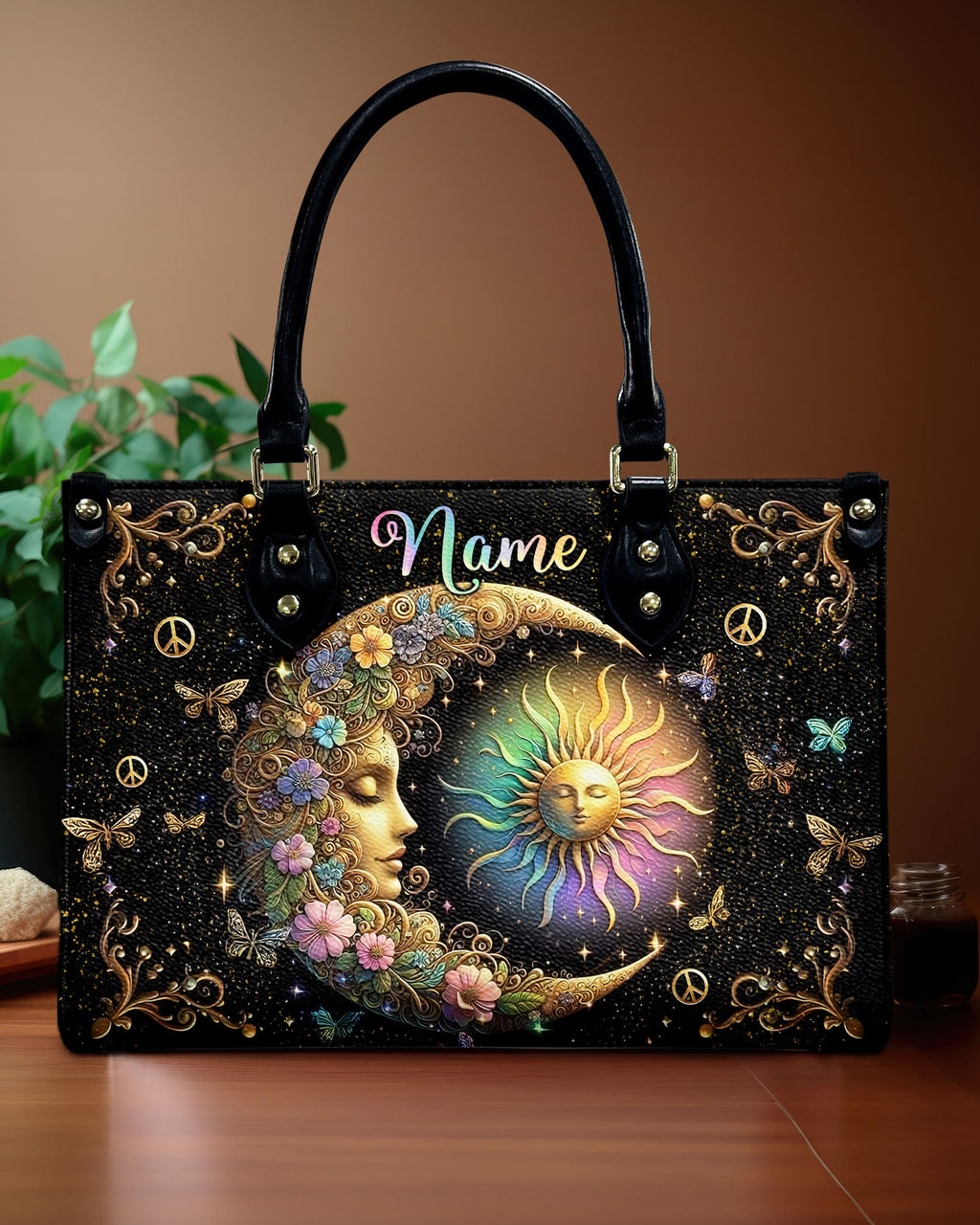 Custom Name Sun and Moon Peace Symbol Design Personalized Leather Bag _1_ oVlBh