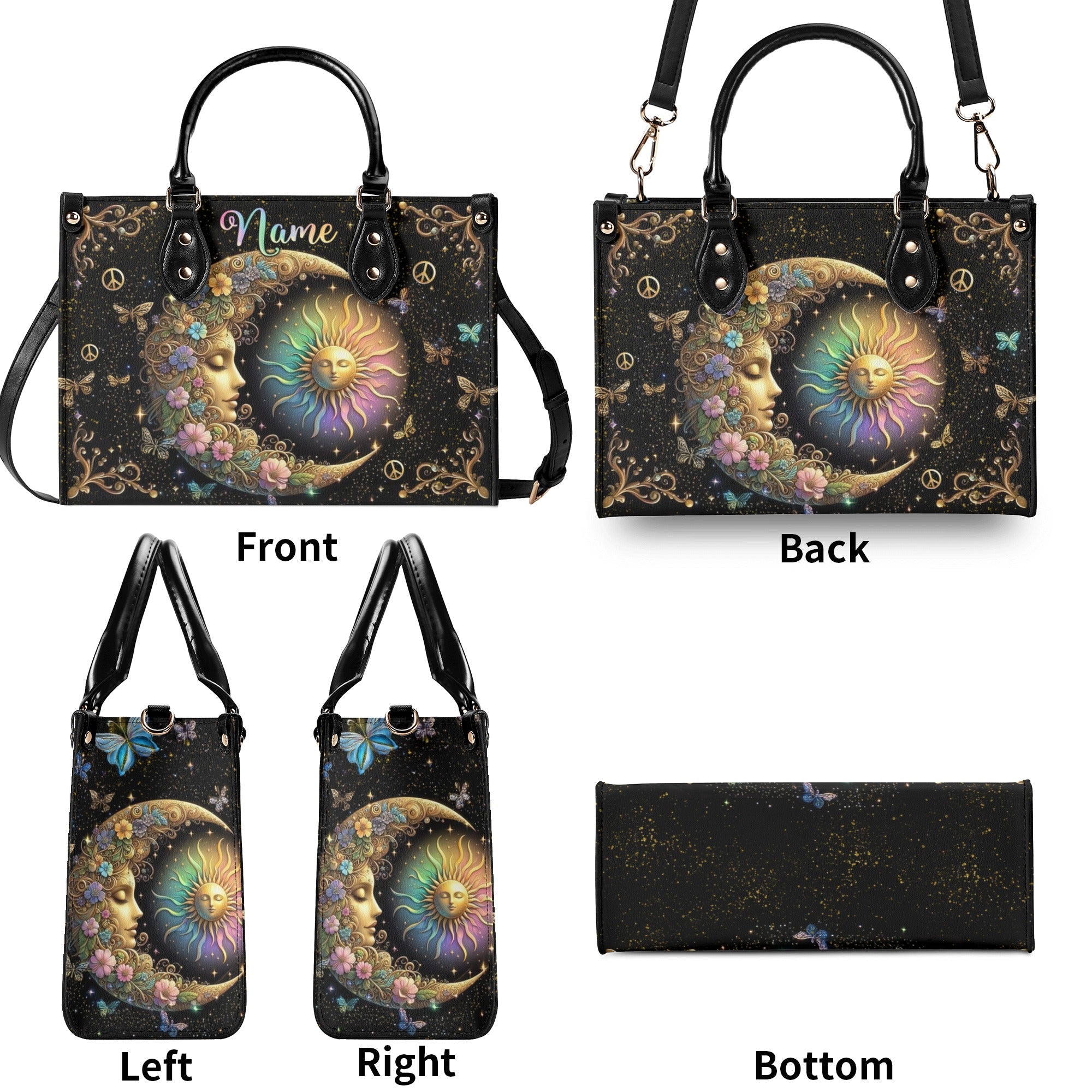 Custom Name Sun and Moon Peace Symbol Design Personalized Leather Bag _3_ yDOtr