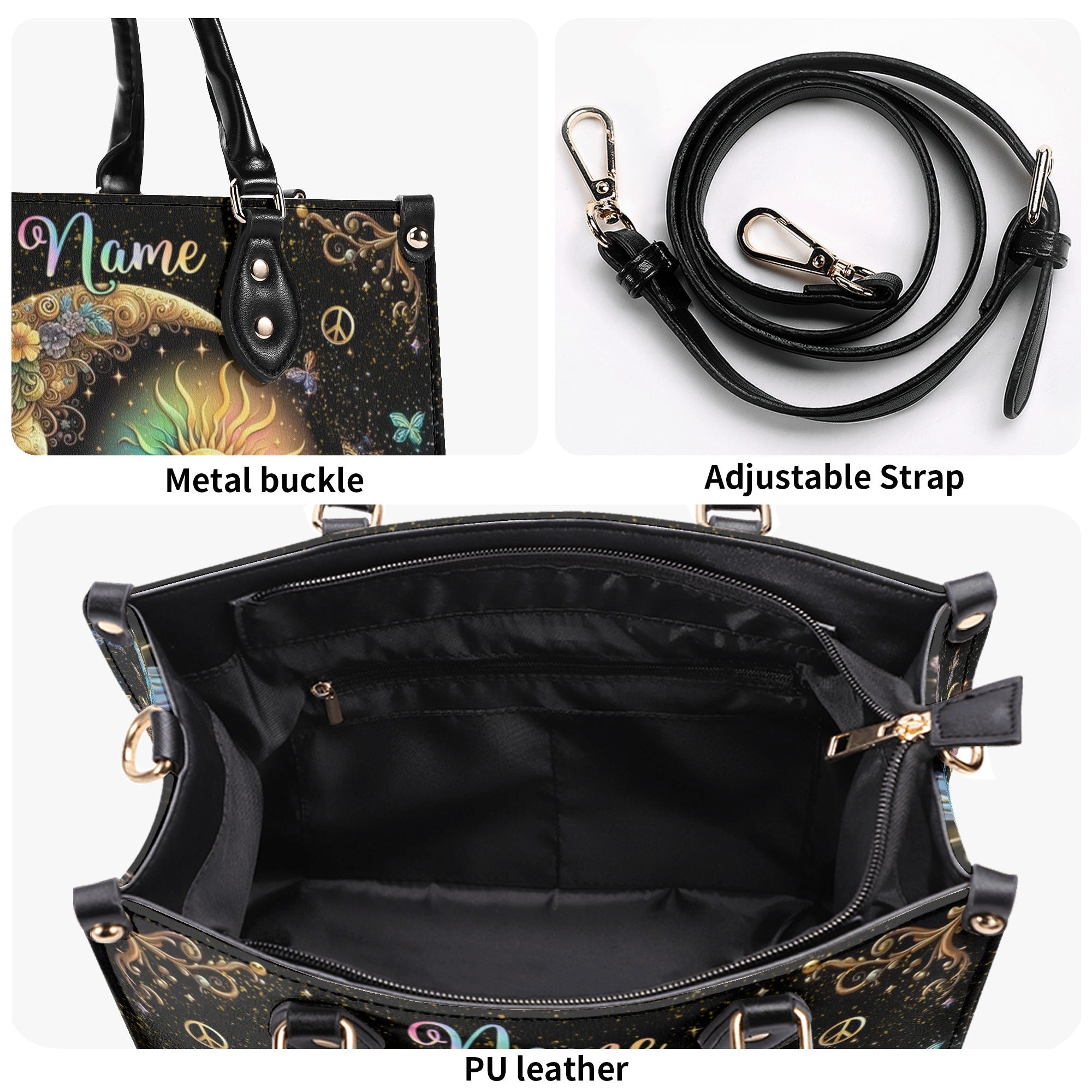 Custom Name Sun and Moon Peace Symbol Design Personalized Leather Bag _4_ cyb2F