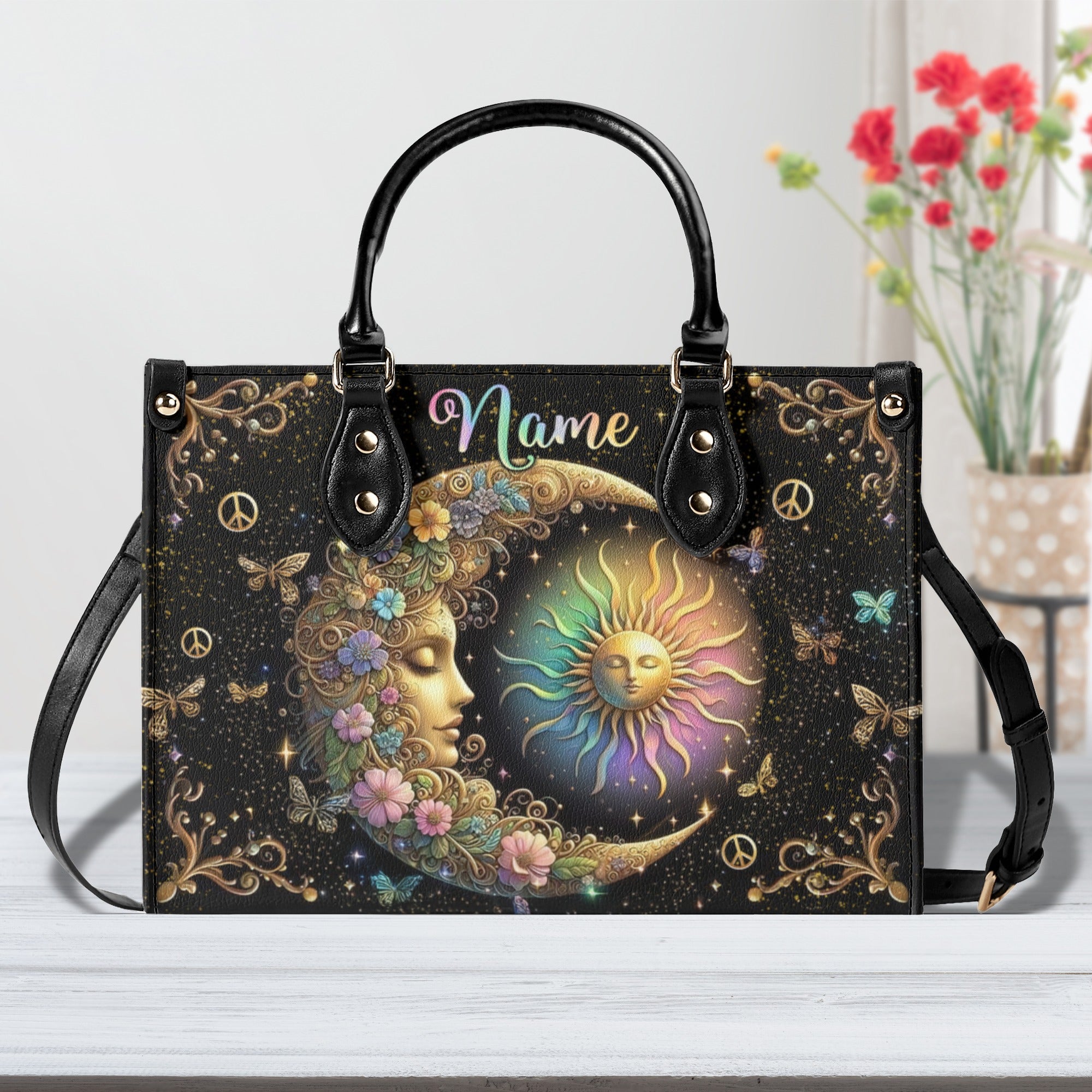Custom Name Sun and Moon Peace Symbol Design Personalized Leather Bag _5_ ocplB