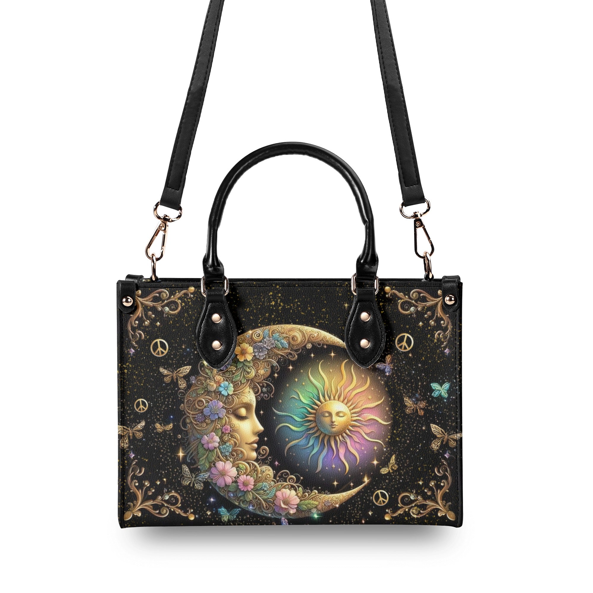 Custom Name Sun and Moon Peace Symbol Design Personalized Leather Bag _6_ M86lD