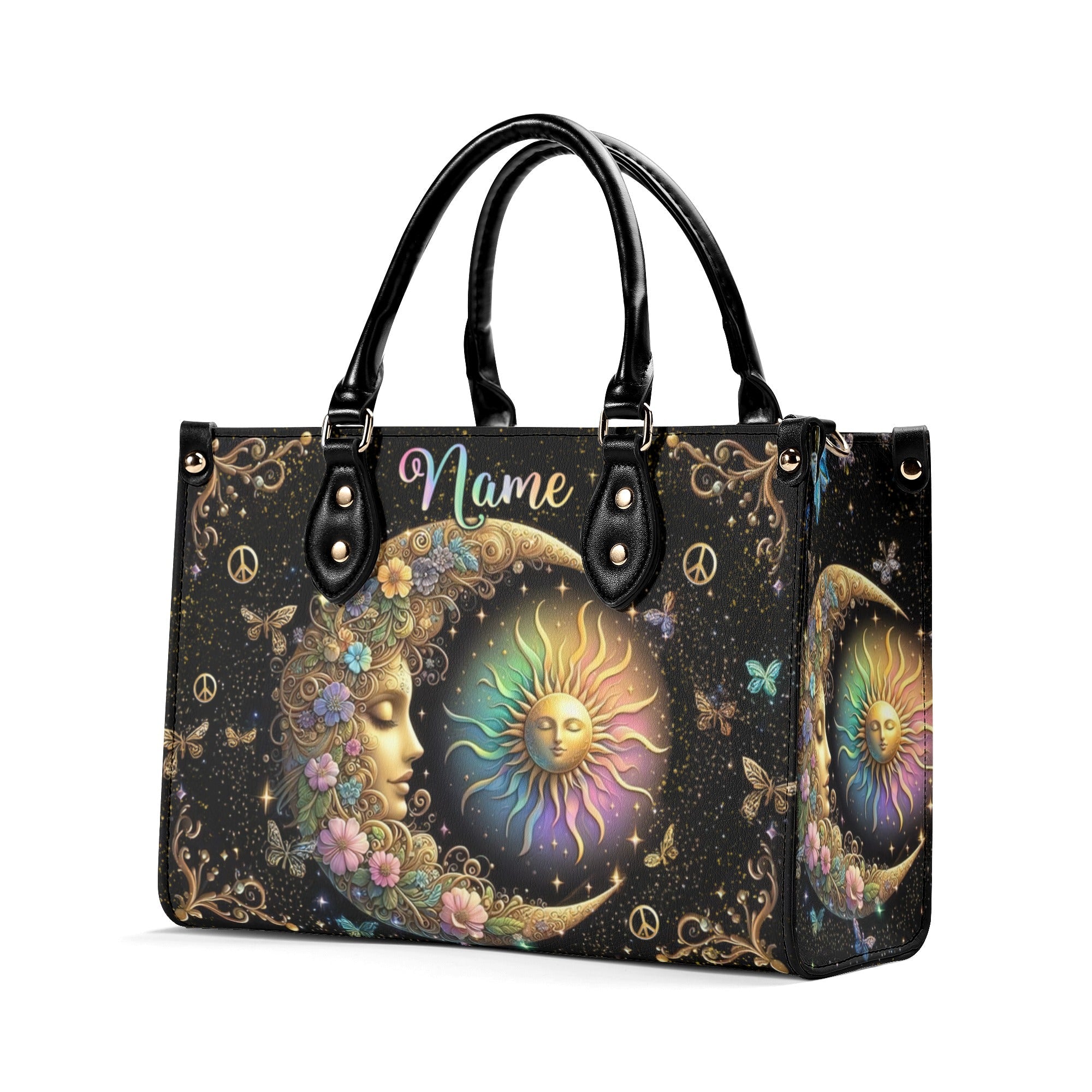 Custom Name Sun and Moon Peace Symbol Design Personalized Leather Bag _8_ BSt7u