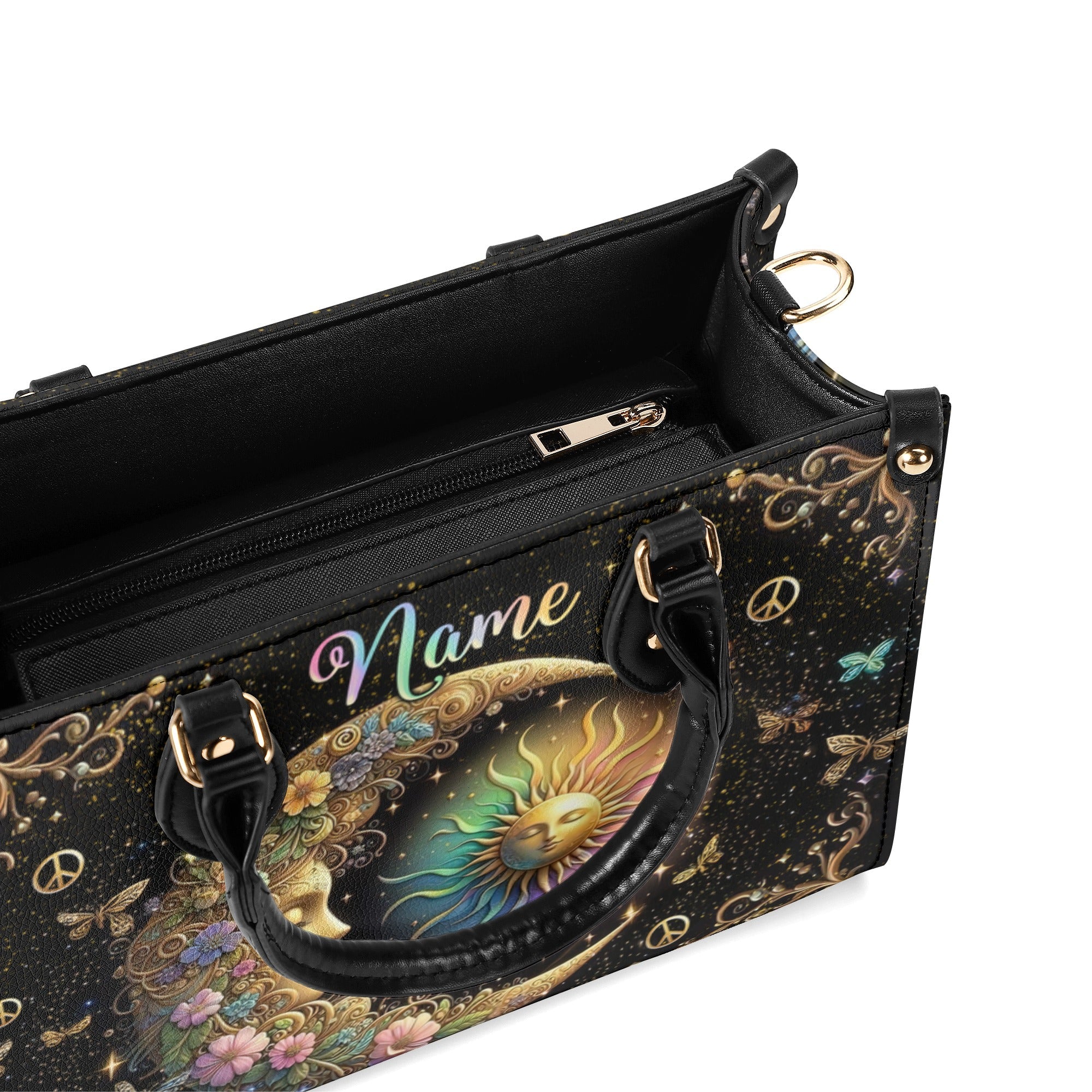Custom Name Sun and Moon Peace Symbol Design Personalized Leather Bag _9_ bSGsE