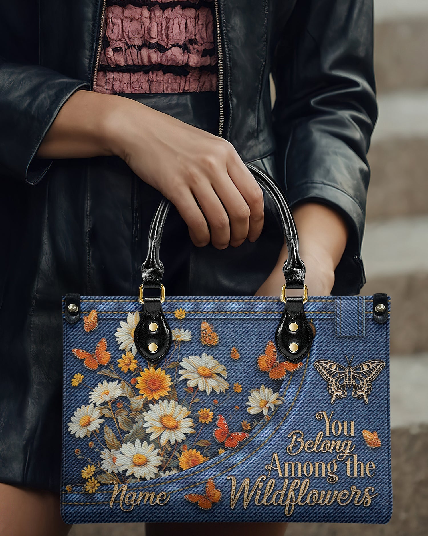 Custom Name You Belong Among the Wildflowers Daisy Butterfly Denim Effect Personalized Leather Bag _1_ cqROw