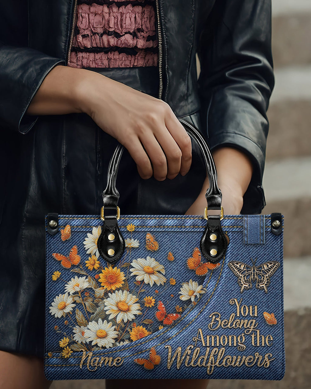 Custom Name You Belong Among the Wildflowers Daisy Butterfly Denim Effect Personalized Leather Bag _1_ cqROw