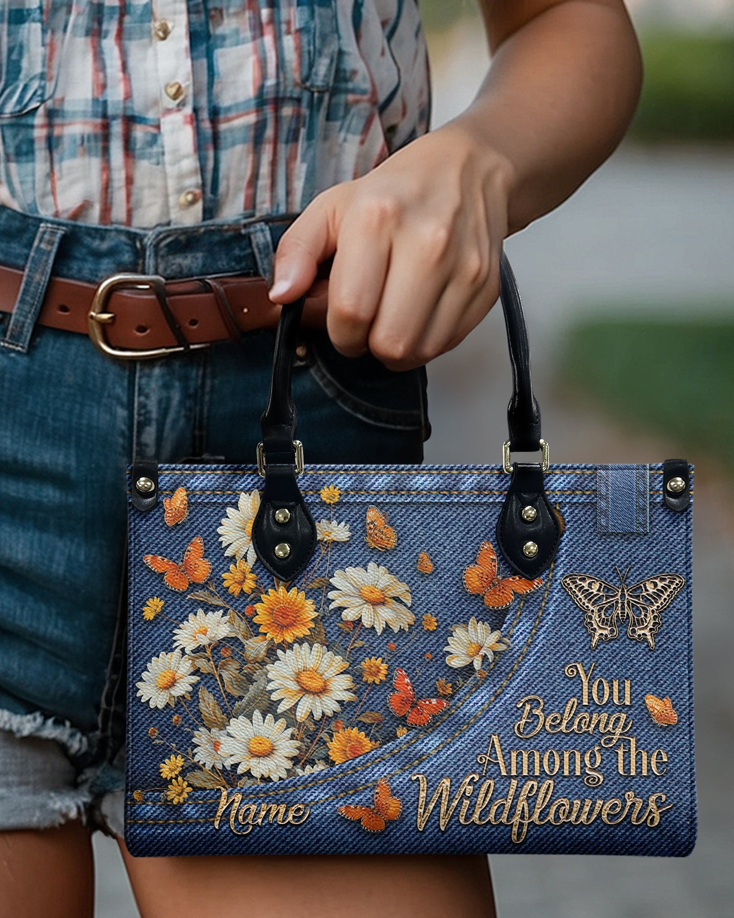 Custom Name You Belong Among the Wildflowers Daisy Butterfly Denim Effect Personalized Leather Bag _2_ SokWK