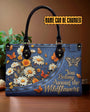 Custom Name You Belong Among the Wildflowers Daisy Butterfly Denim Effect Personalized Leather Bag _3_ KL8ek