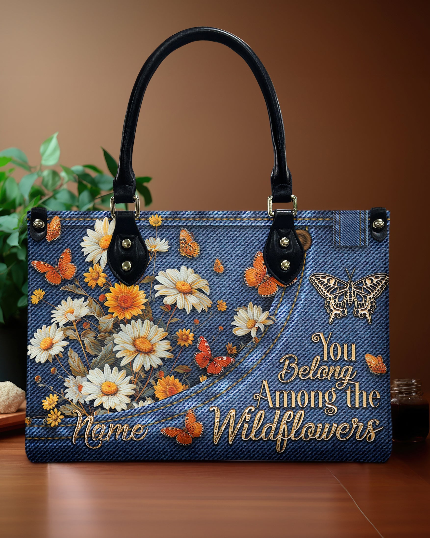 Custom Name You Belong Among the Wildflowers Daisy Butterfly Denim Effect Personalized Leather Bag _4_ UfA5U