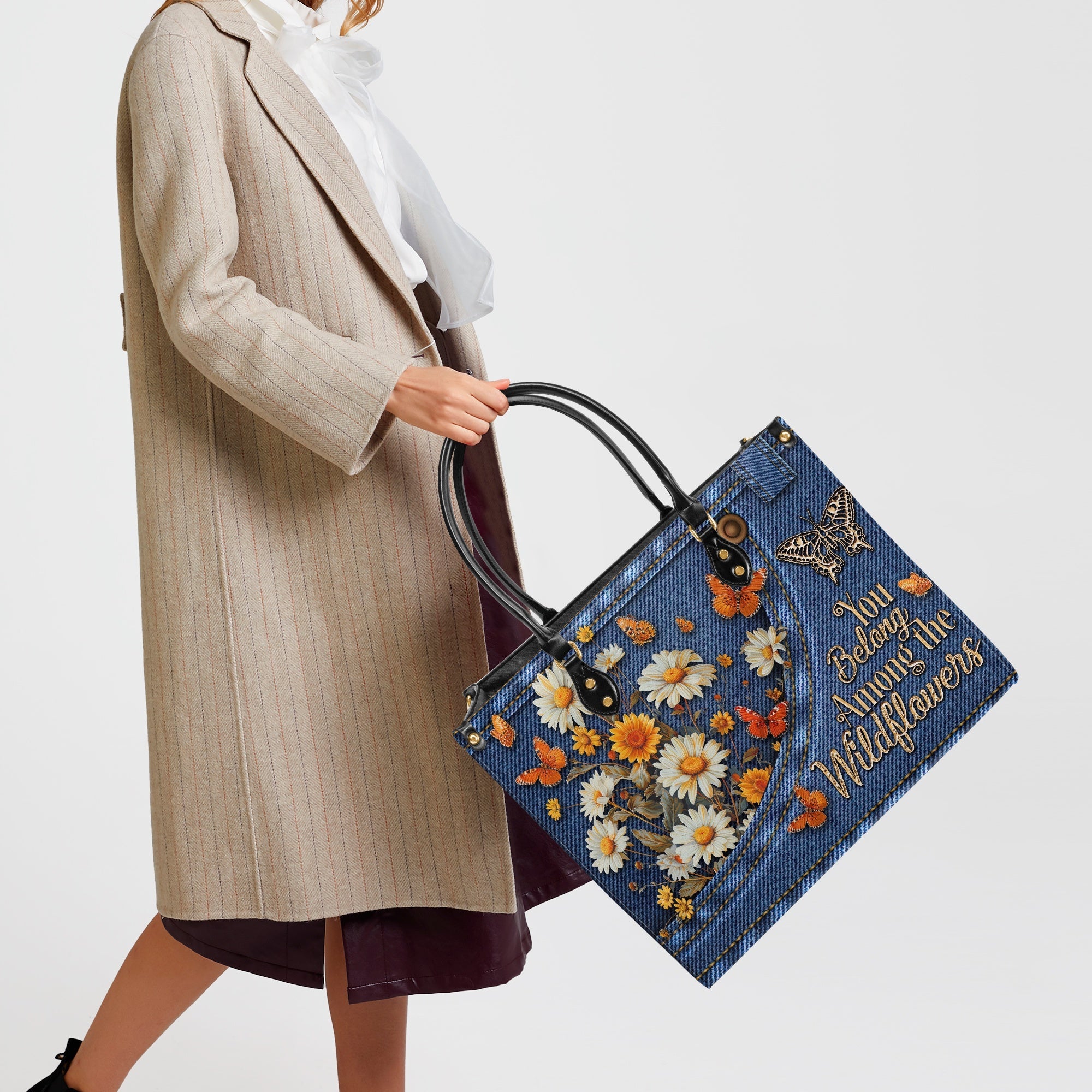Custom Name You Belong Among the Wildflowers Daisy Butterfly Denim Effect Personalized Leather Bag _7_ hw3Pw