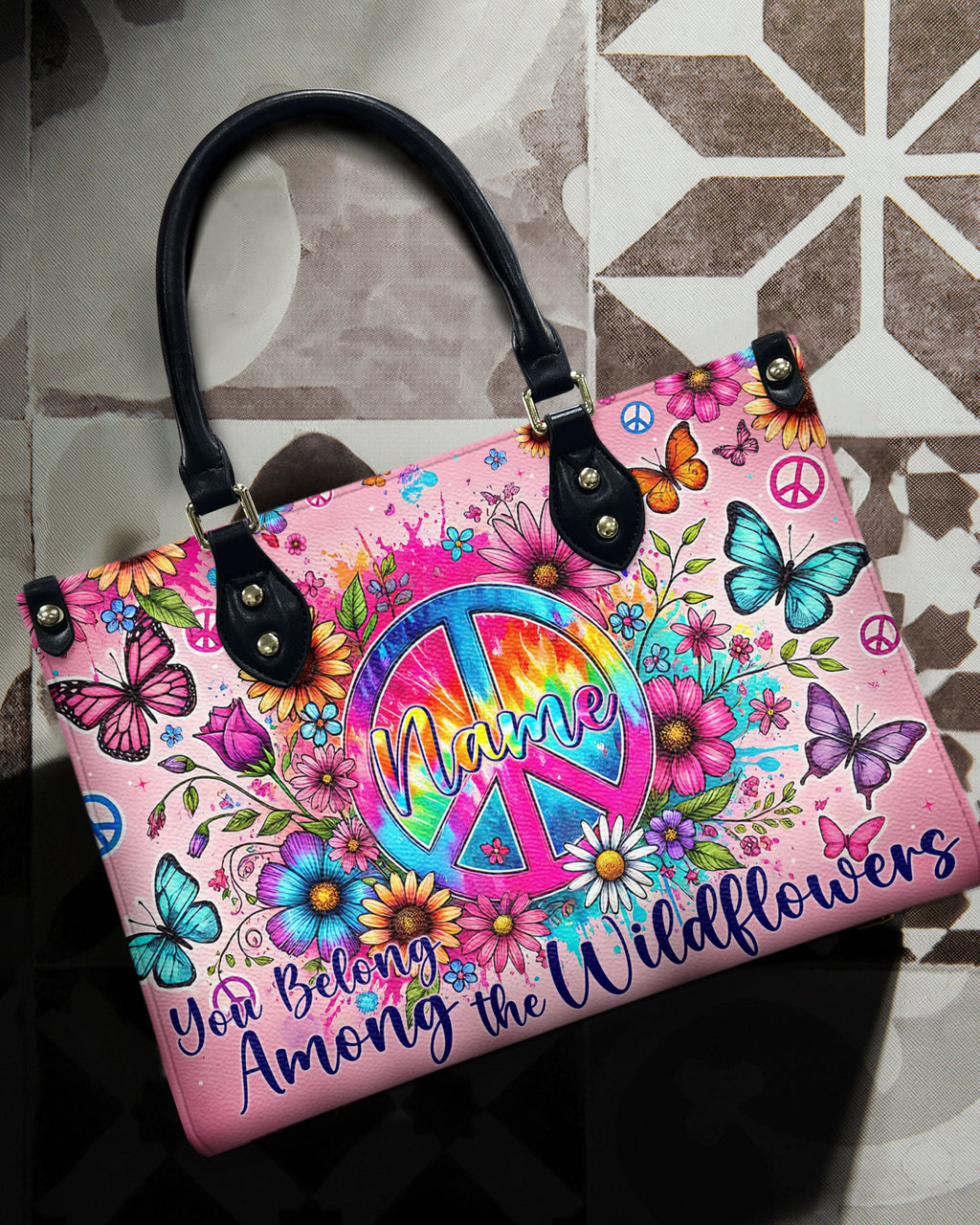 Custom Name You Belong Among the Wildflowers Peace Sign Hippie Personalized Leather Bag _1_ o5XQm