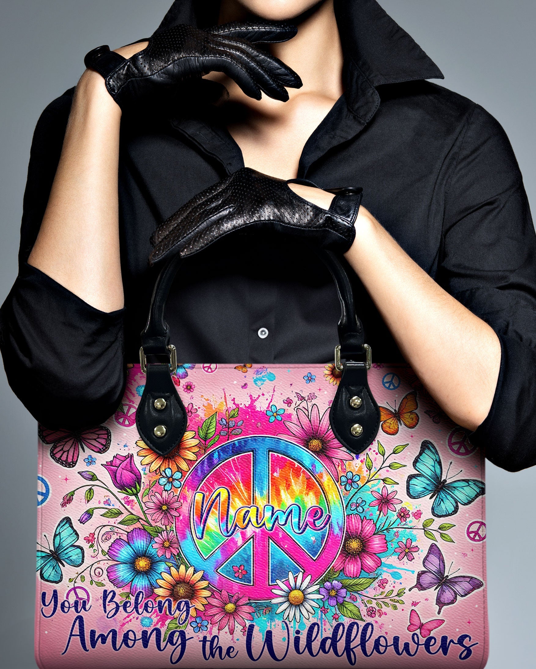 Custom Name You Belong Among the Wildflowers Peace Sign Hippie Personalized Leather Bag _2_ OotXo
