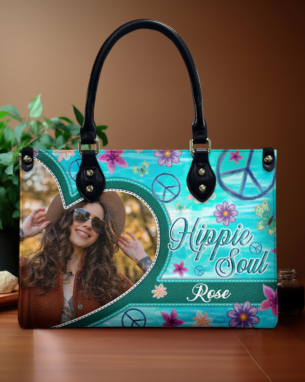 Custom Photo and Name Hippie Soul Peace Sign Floral - Personalized Leather Bag - Gift for Women