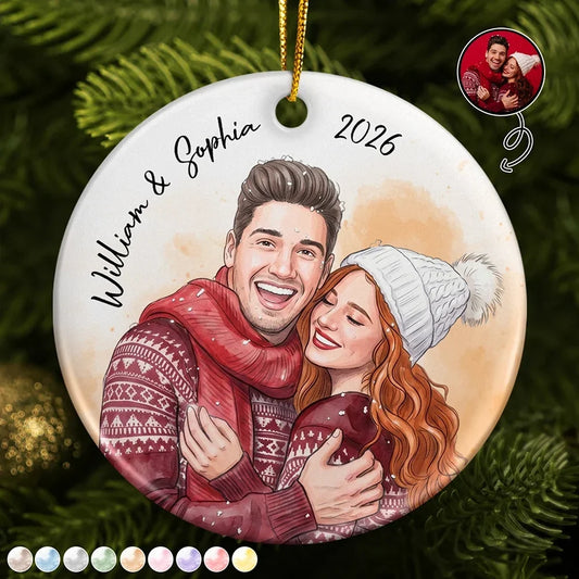 CustomPhotoVividWatercolorArtAnniversaryLovingCouple PersonalizedCircleCeramicOrnament DEF