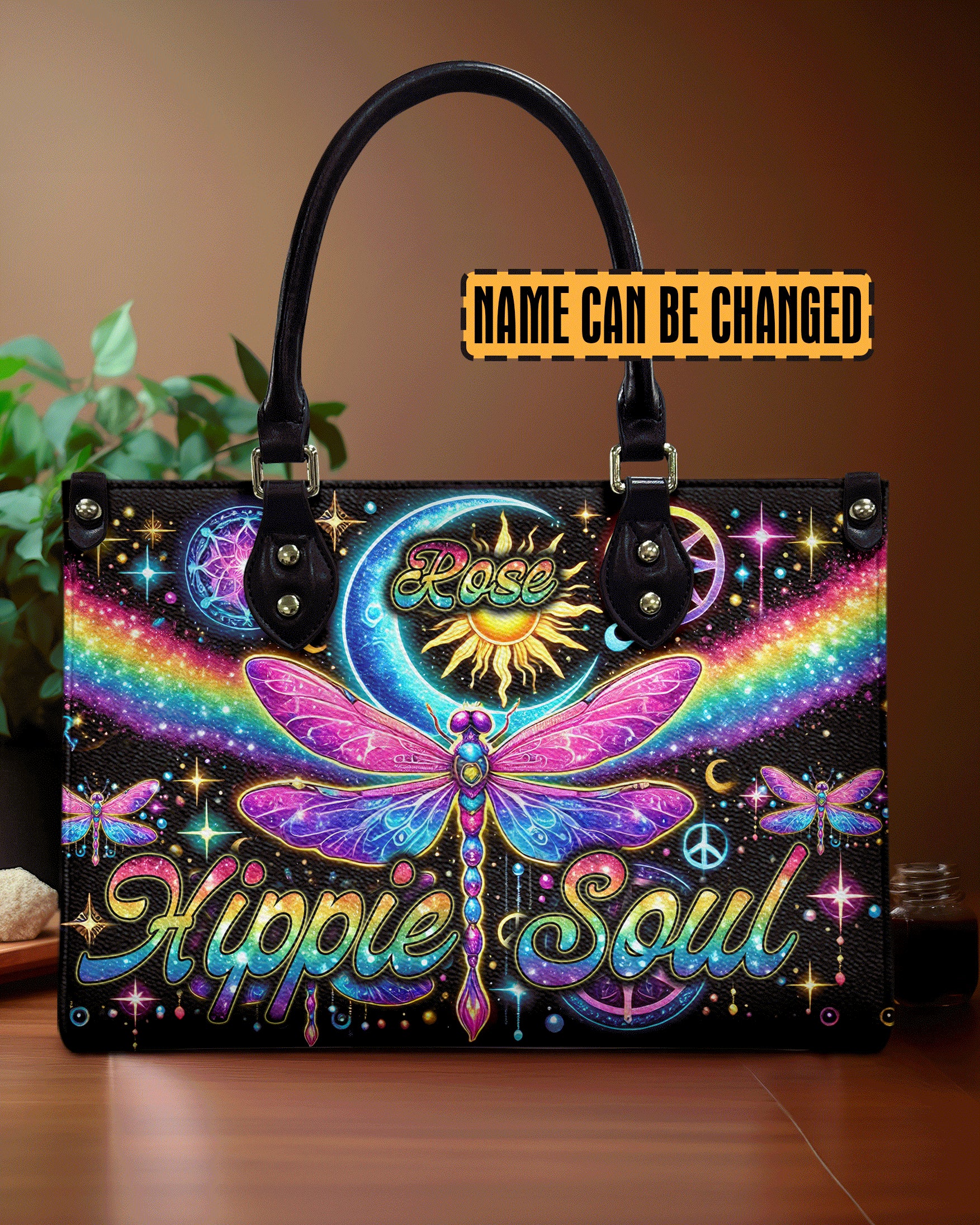 Custome Name Hippie Soul Celestial Dragonfly Personalized Leather Bag Gift for Women _3_ B7qiR