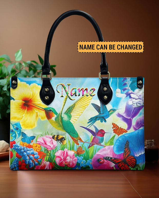 Custome Name Hummingbird Colorful Butterfly Floral - Personalized Leather Bag - Gift For Women