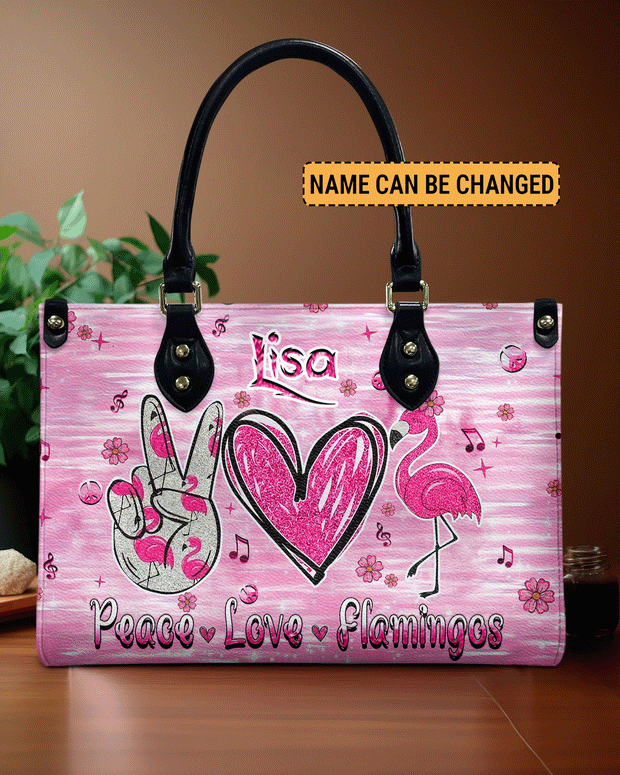 Custome Name Peace Love Flamingos  - Personalized Pink Leather Bag - Gift for Women