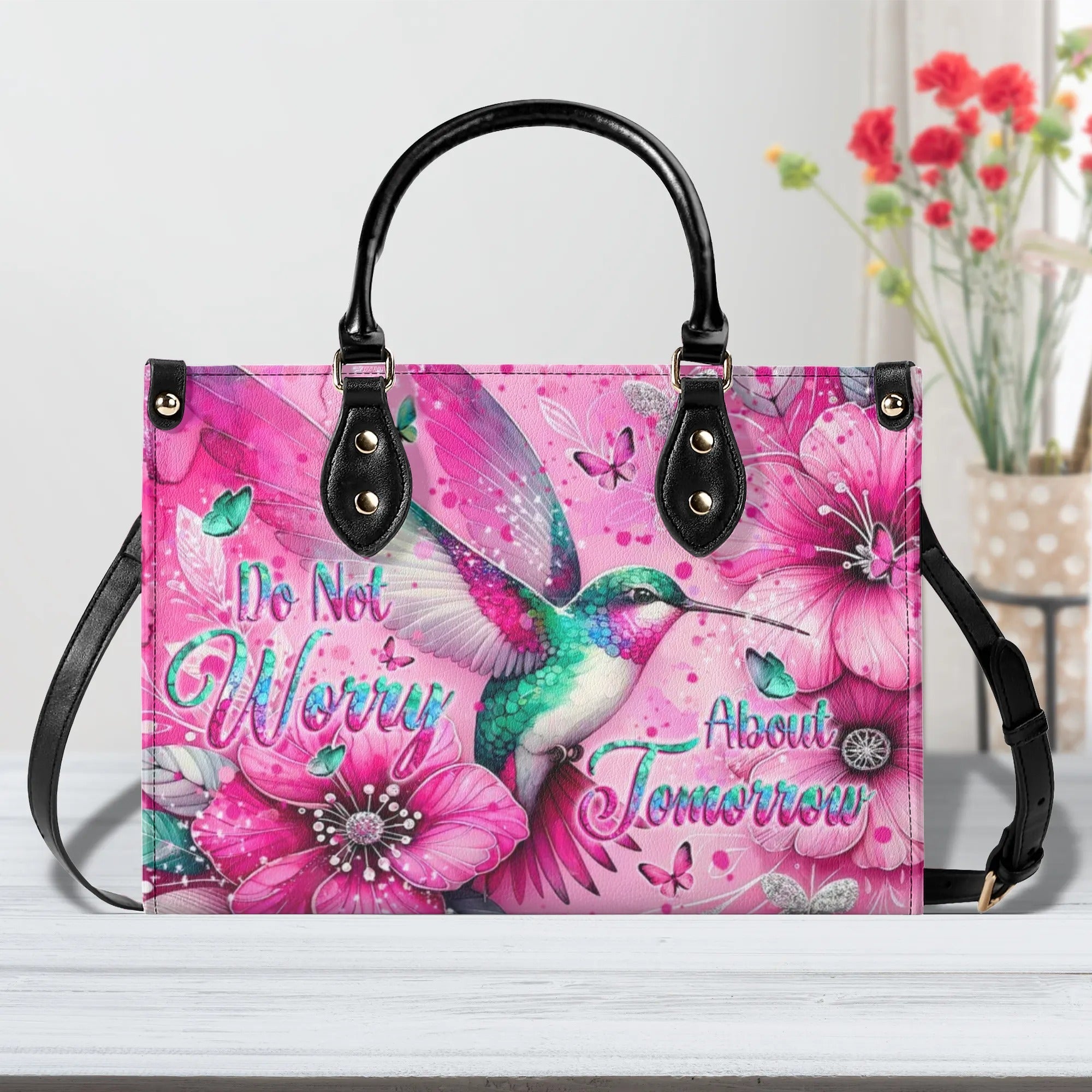 Do Not Worry About Tomorrow Hummingbird Pink Floral Hippie Leather Bag _6_ Ey0R4