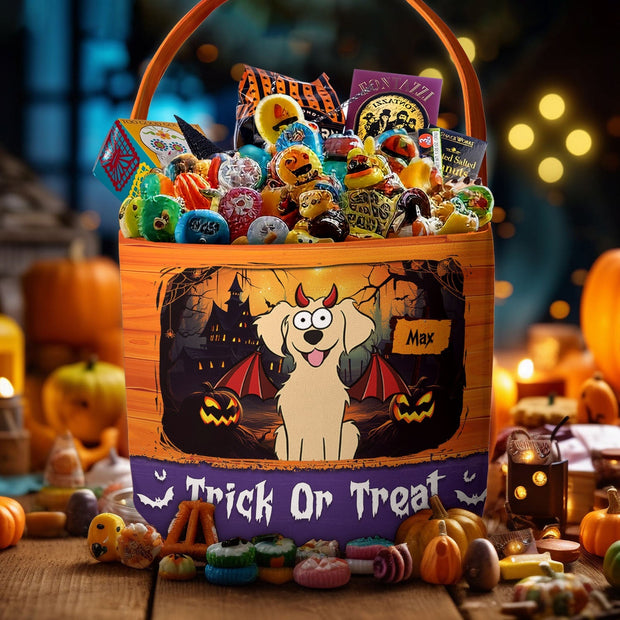 Dog Halloween Trick Or Treat Bag - Personalized Canvas Bucket Bag - Halloween Gift For Kids