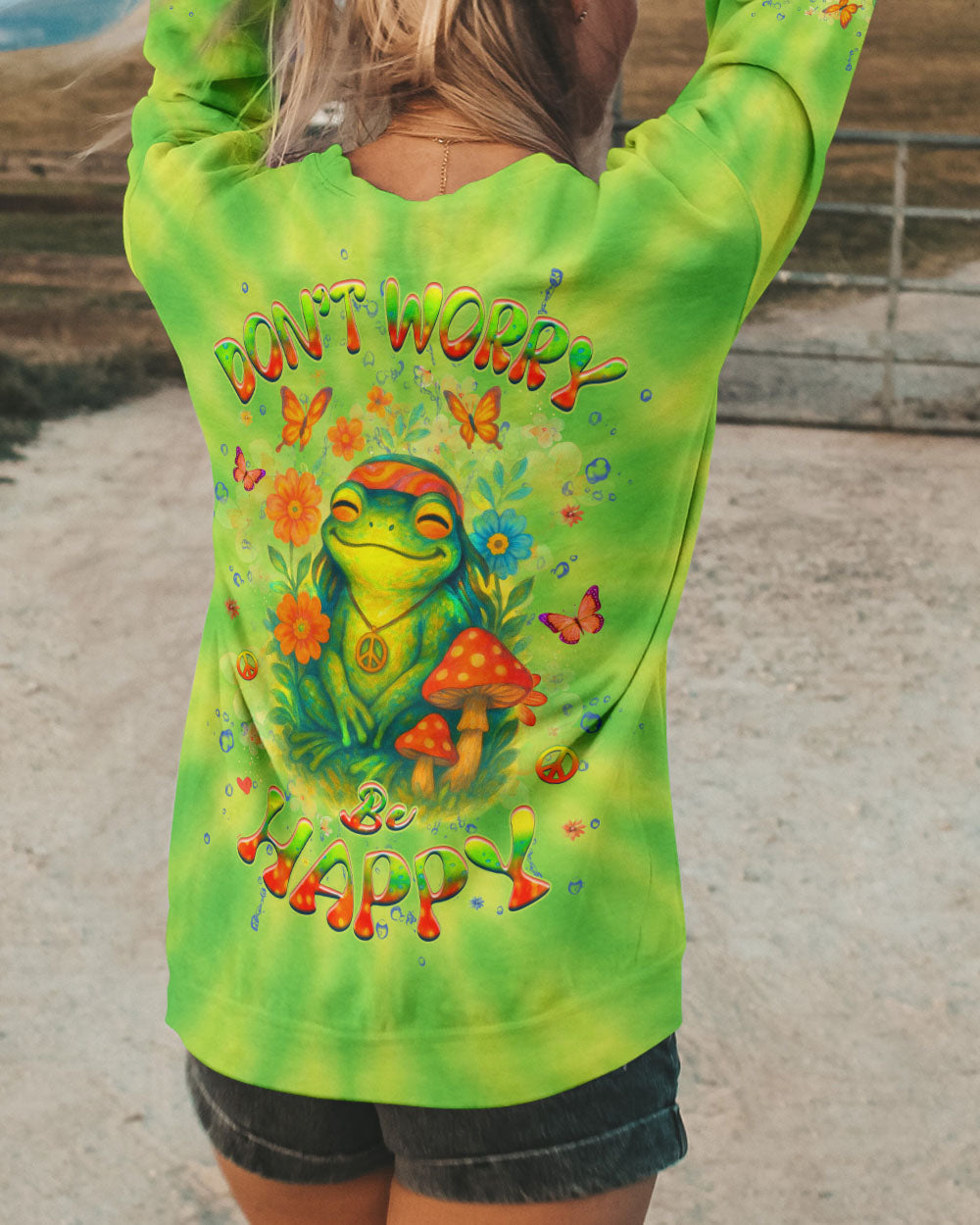 Don_E2_80_99t Worry Be Happy and Peaceful Frog Tie Dye Neon Green Design for Women AOP Shirts _10_ 7YcqZ